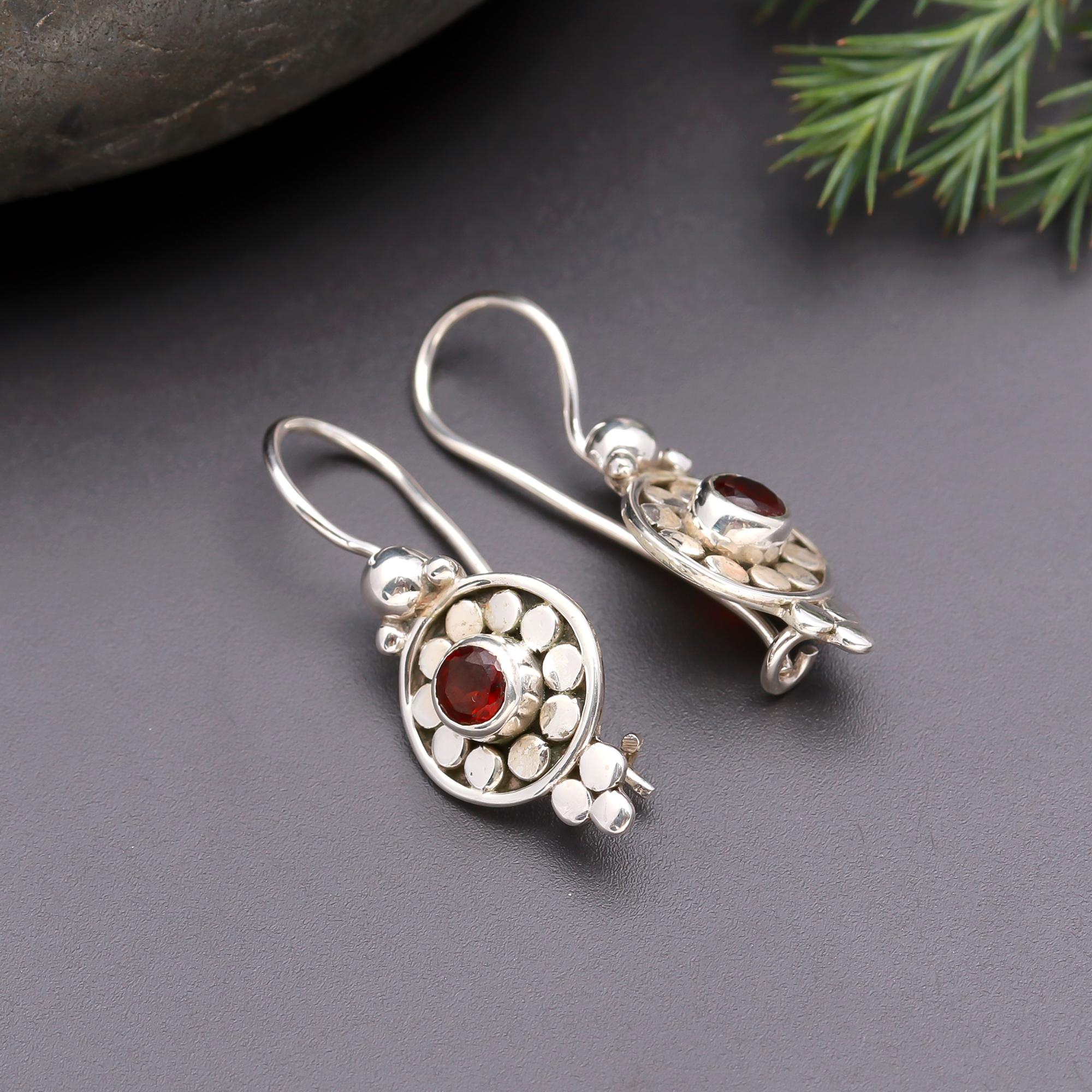 925 Silver Round Garnet Floral Drop Earrings