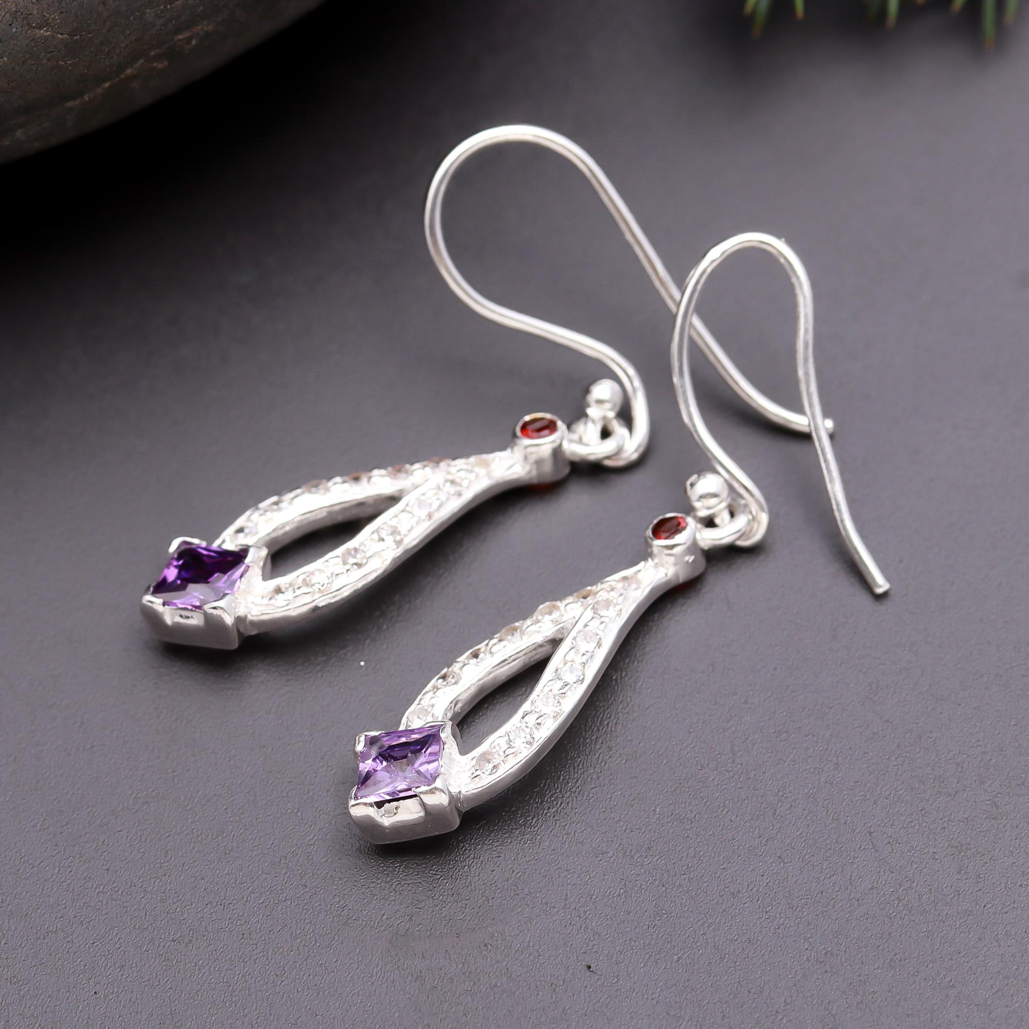 925 Silver Amethyst and Garnet Dangle Earrings