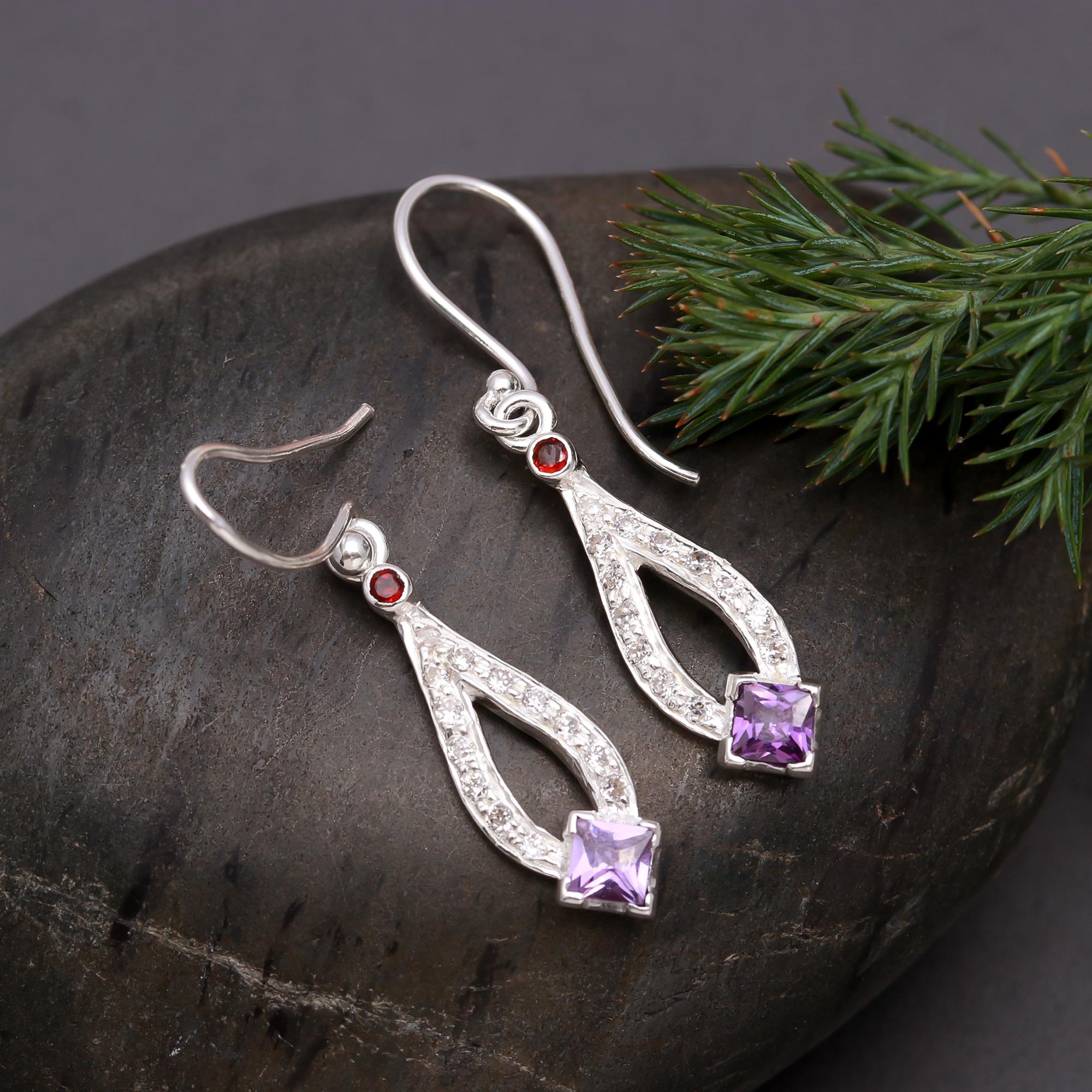 925 Silver Amethyst and Garnet Dangle Earrings