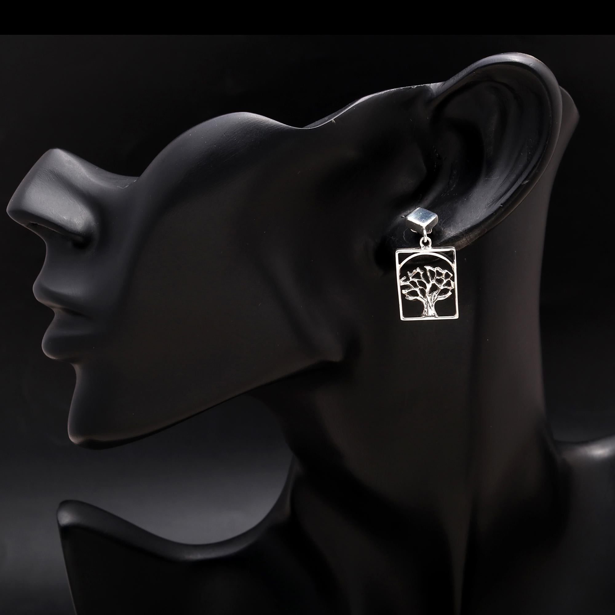 925 Silver Tree of Life Rectangle Drop Earrings