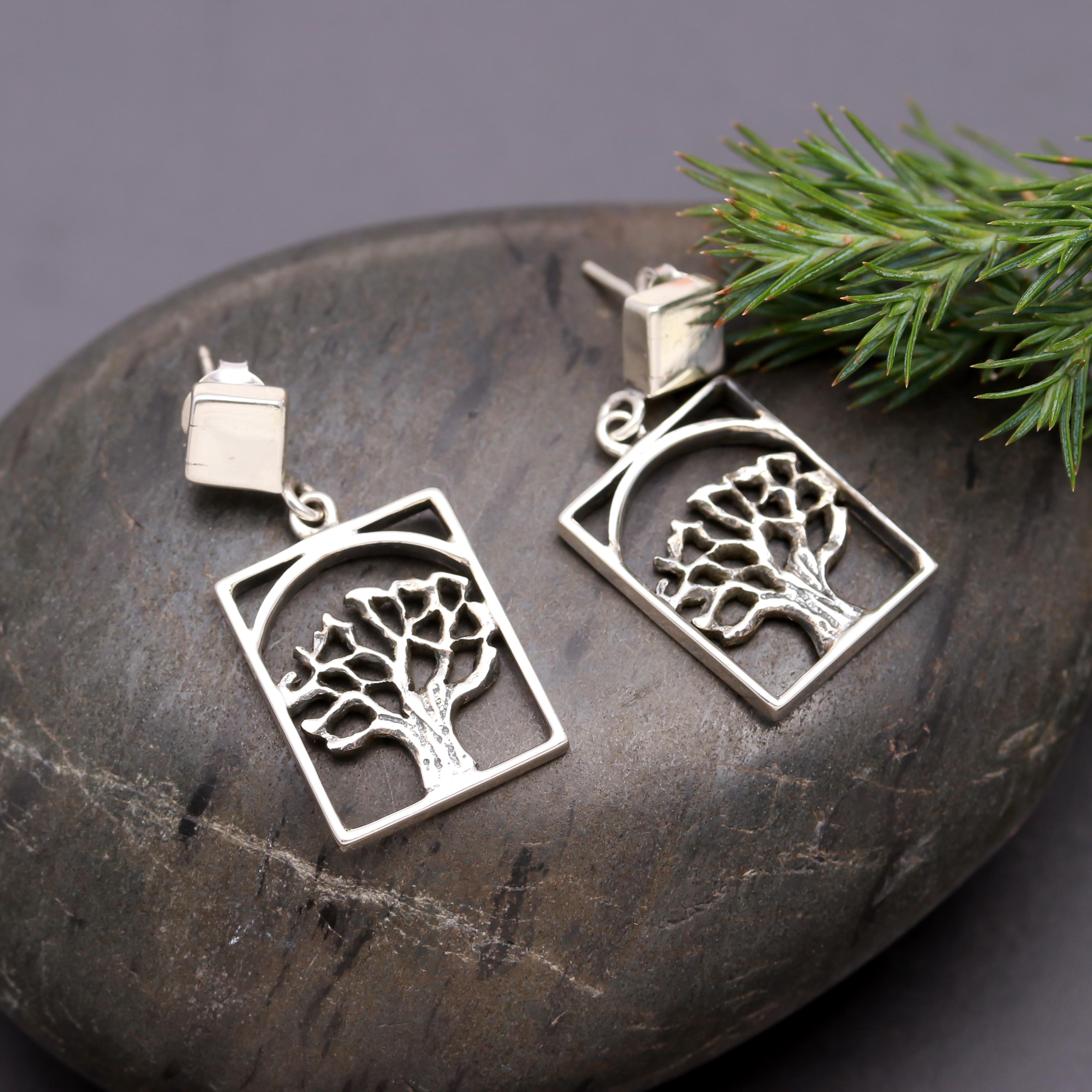 925 Silver Tree of Life Rectangle Drop Earrings