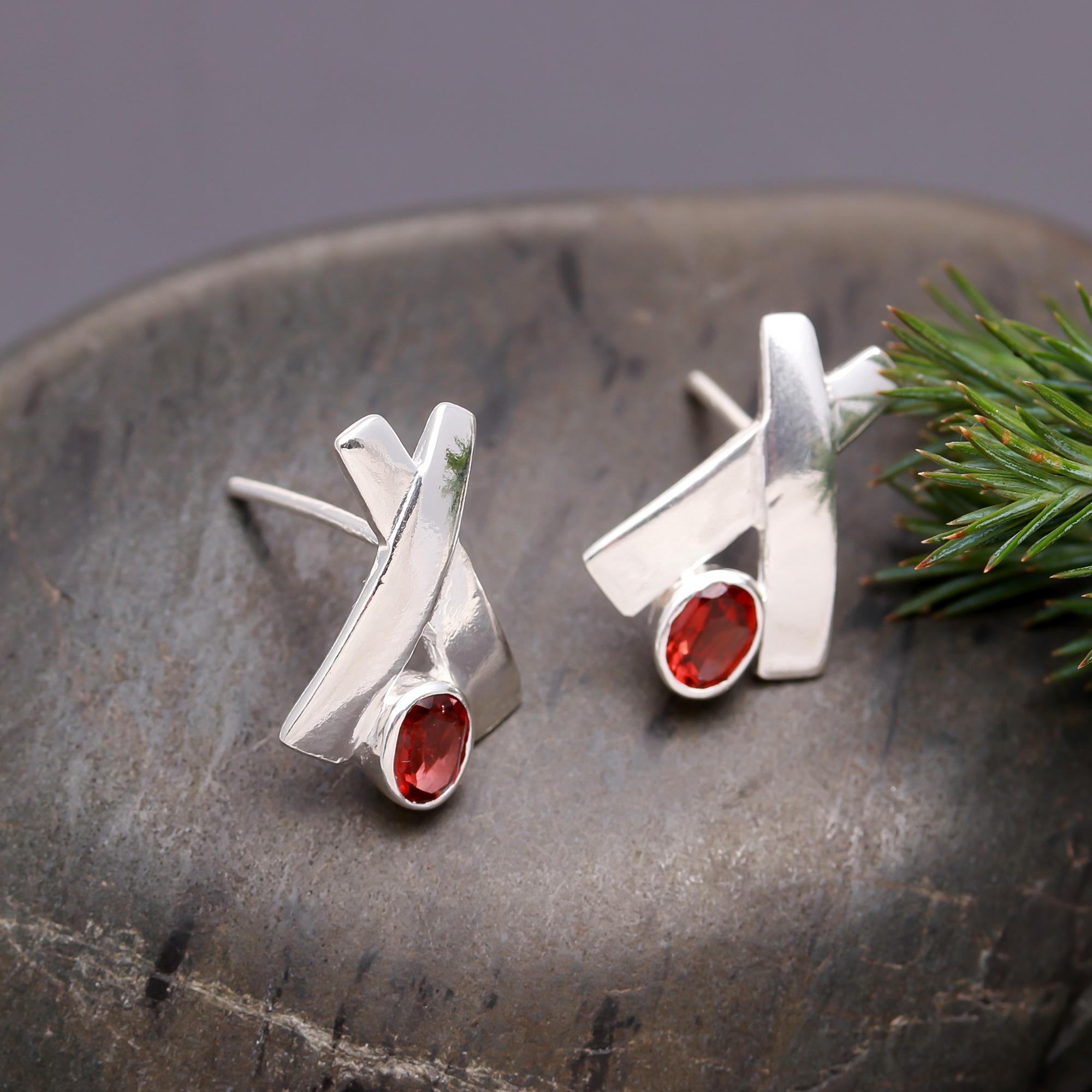925 Silver Red Garnet Stud Earrings