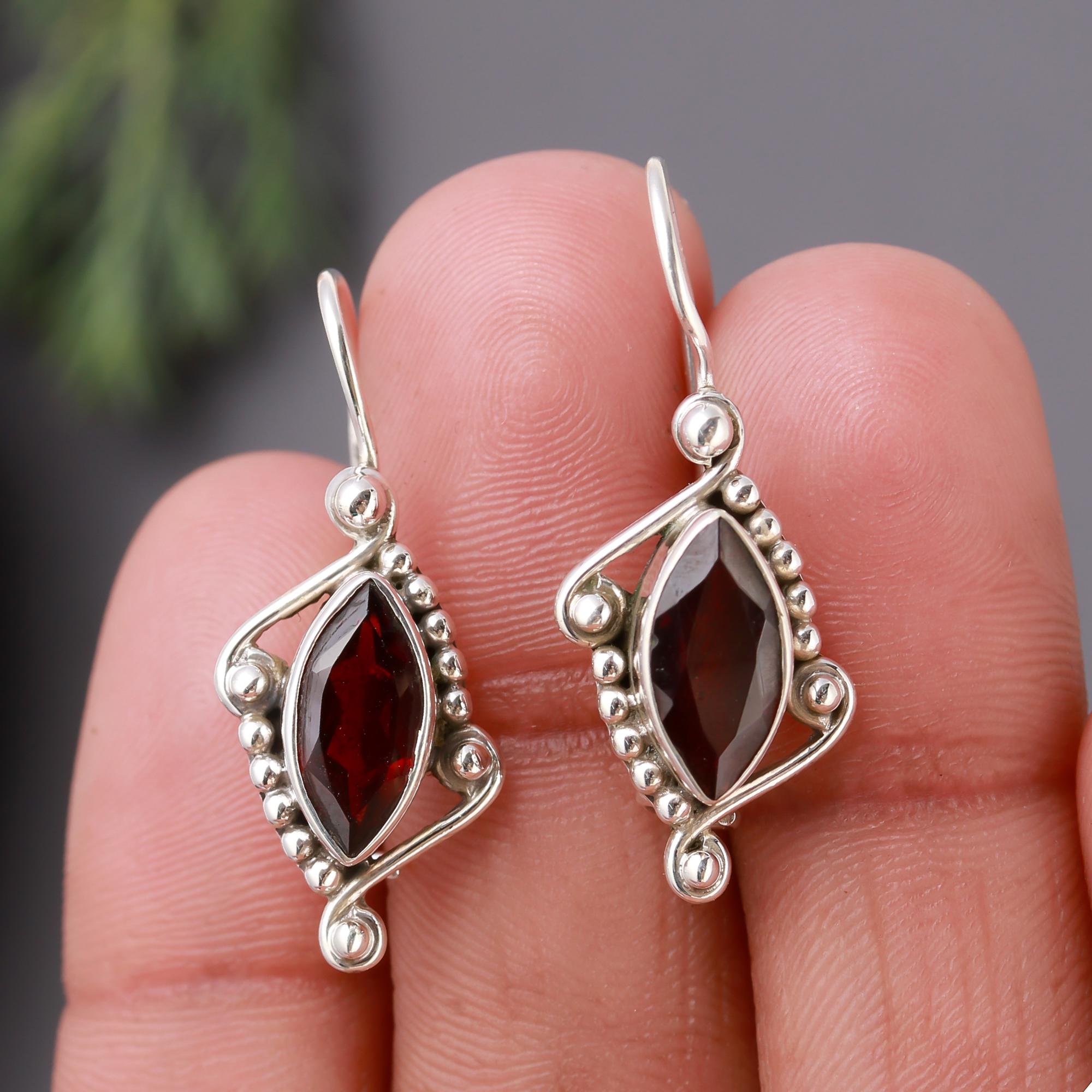 925 Silver Marquise Garnet Dangle Earrings
