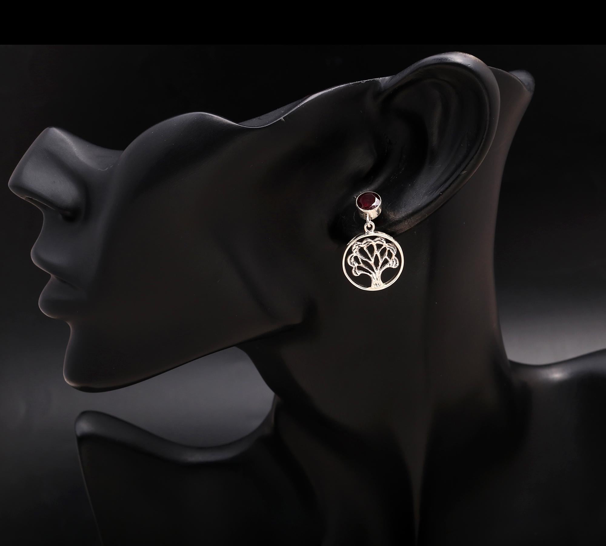 925 Silver Tree of Life Garnet Drop Earrings