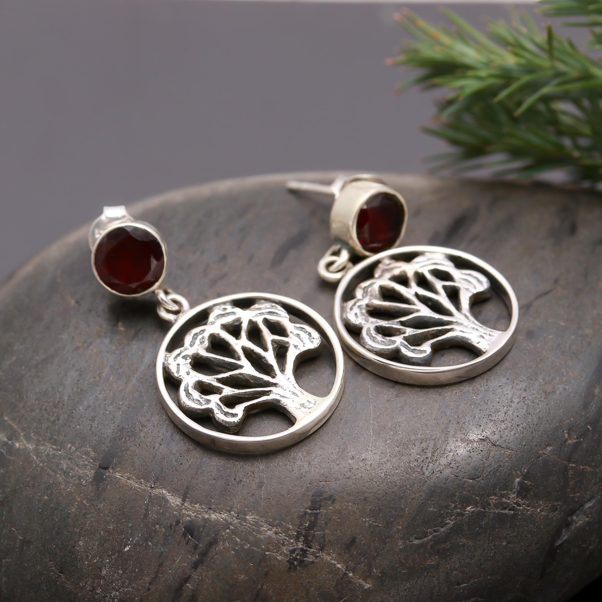 925 Silver Tree of Life Garnet Drop Earrings