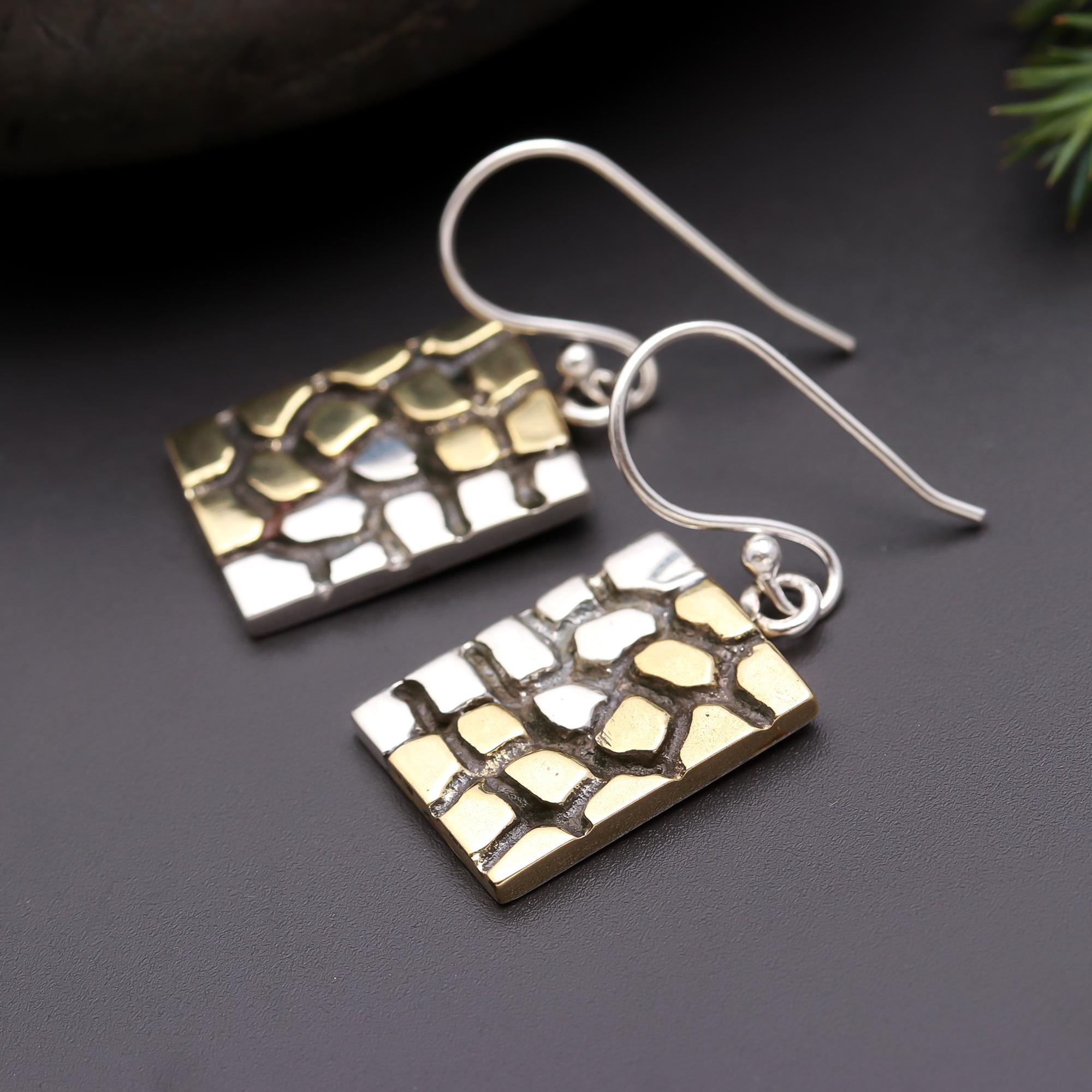 925 Silver Mosaic Pattern Rectangle Dangle Earrings