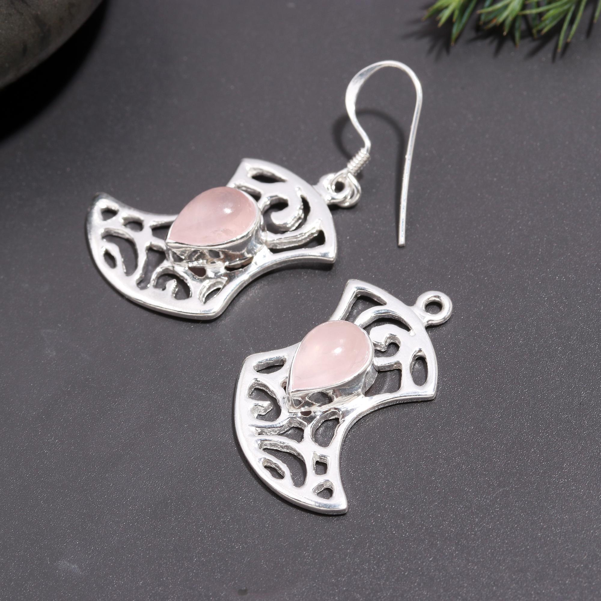 925 Silver Filigree Rose Quartz Dangle Earrings