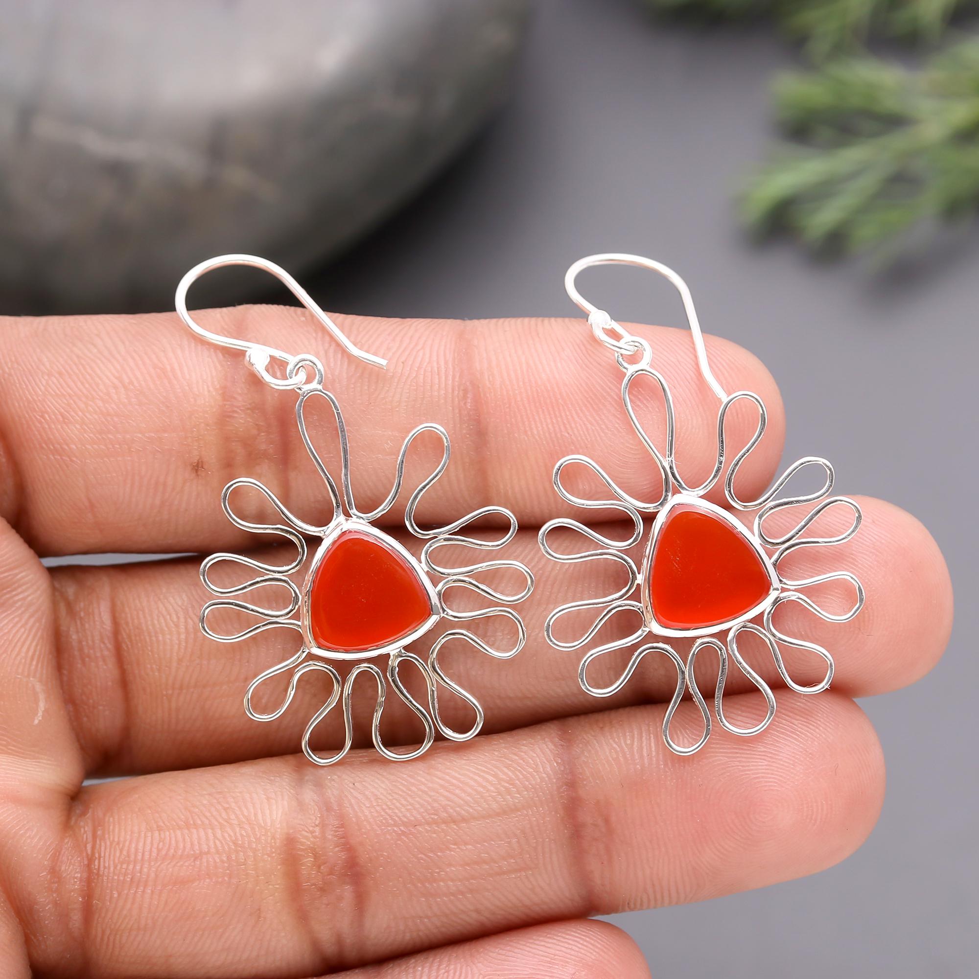 925 Silver Sunburst Carnelian Dangle Earrings