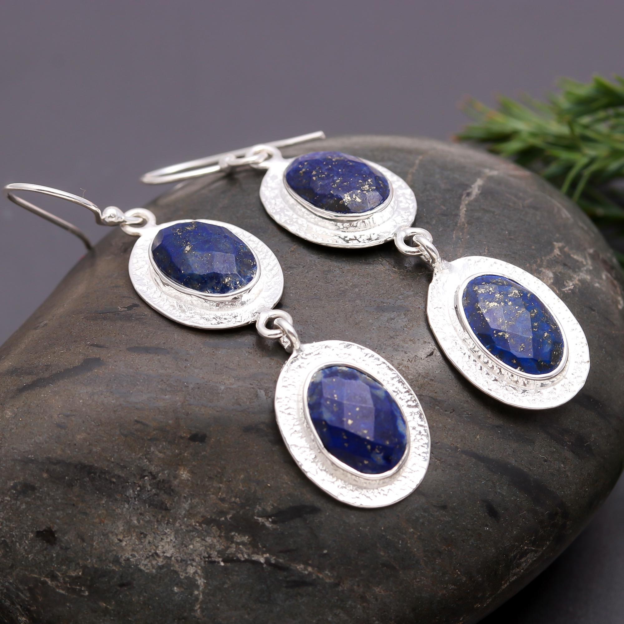 925 Silver Triple Oval Lapis Lazuli Dangle Earrings