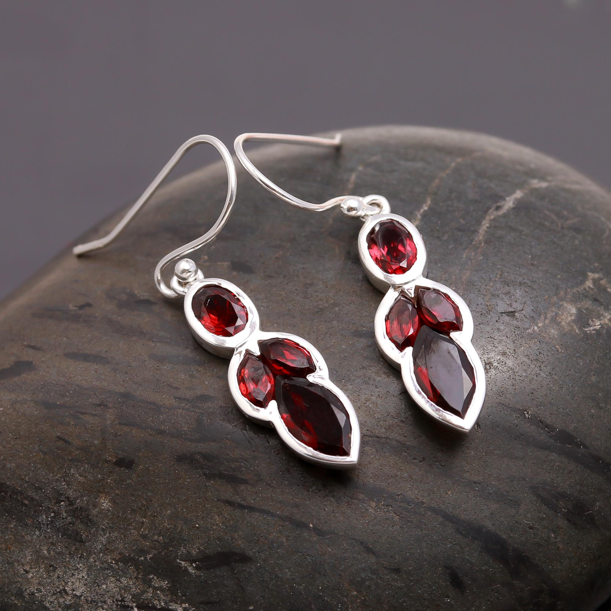 925 Silver Multi-Cut Garnet Drop Earrings