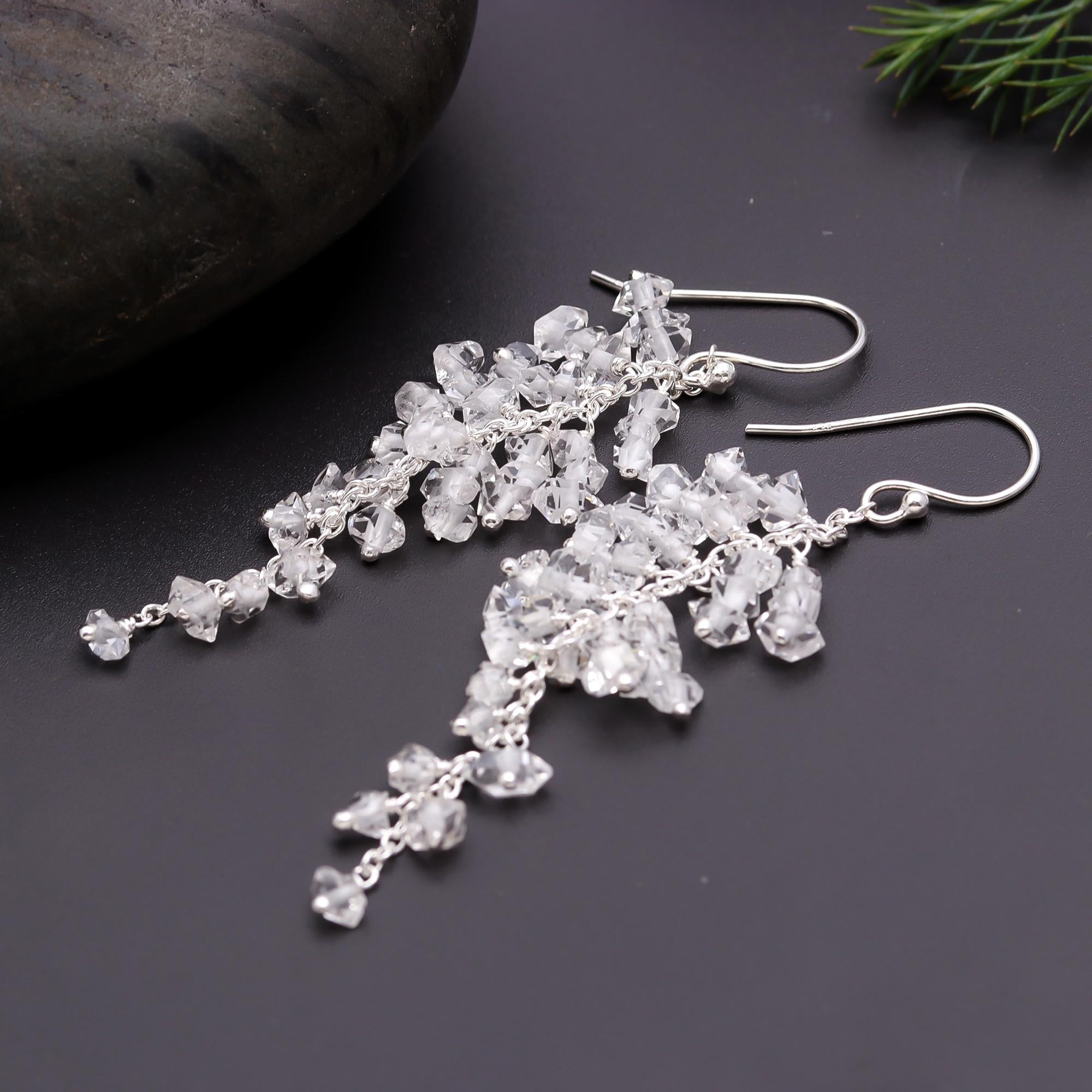 925 Silver Crystal Quartz Cluster Dangle Earrings