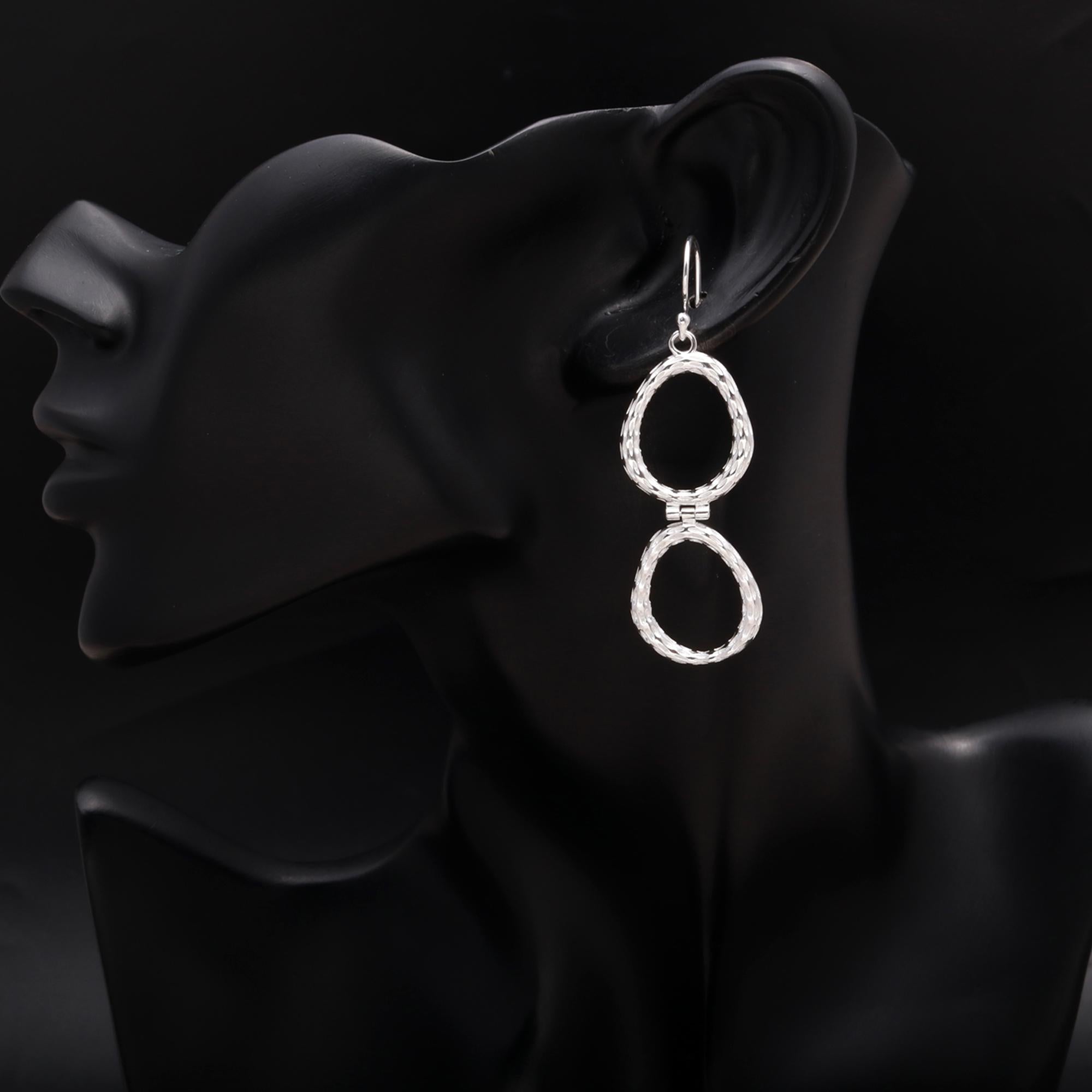 925 Silver Textured Double Oval Dangle Earrings