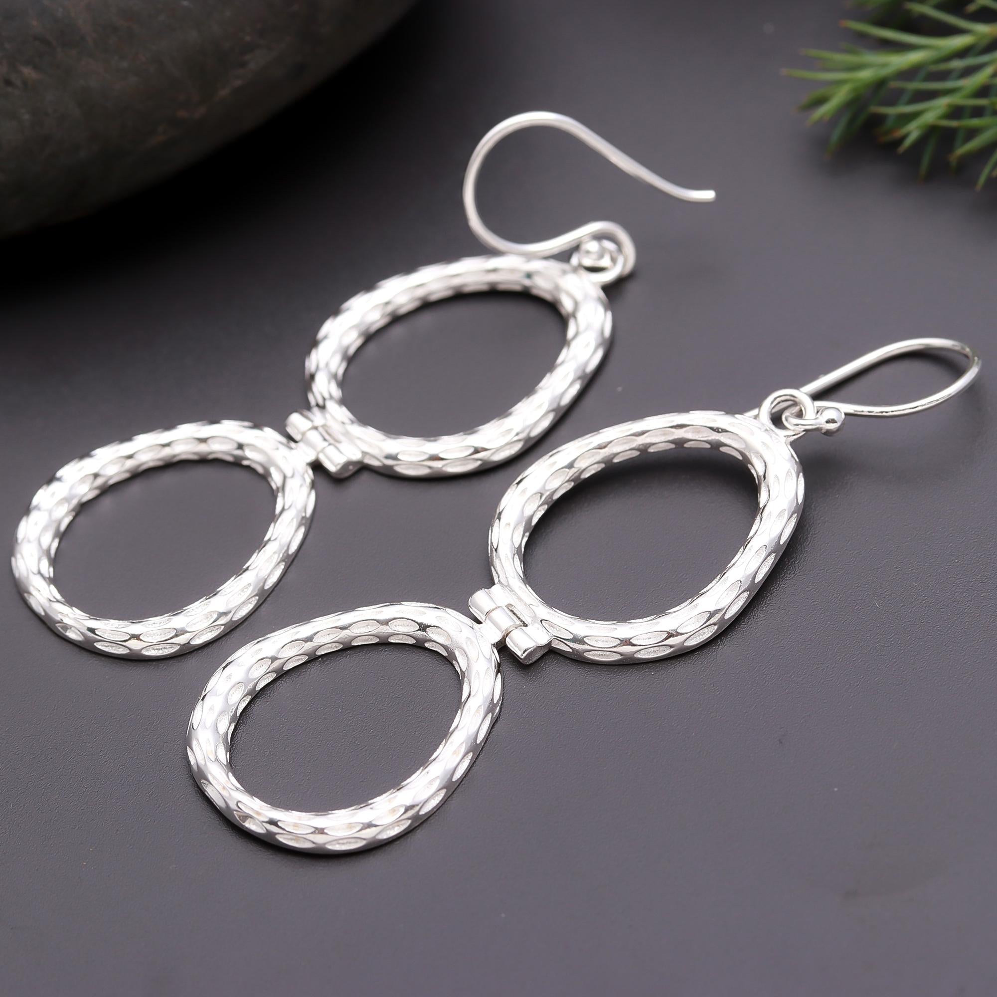925 Silver Textured Double Oval Dangle Earrings
