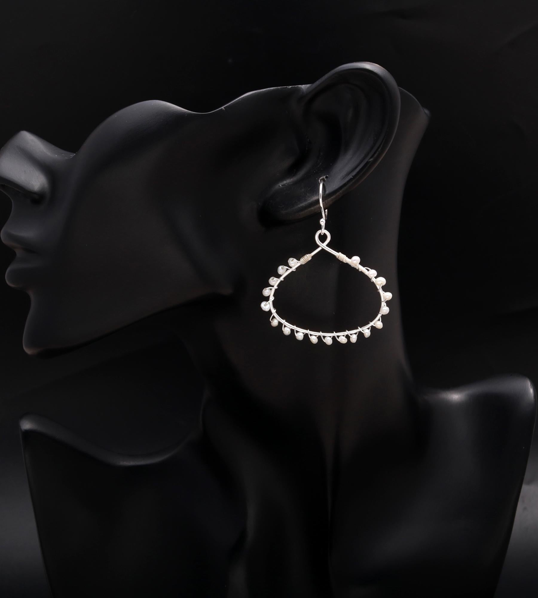 925 Silver Teardrop Wire Pearls Dangle Earrings