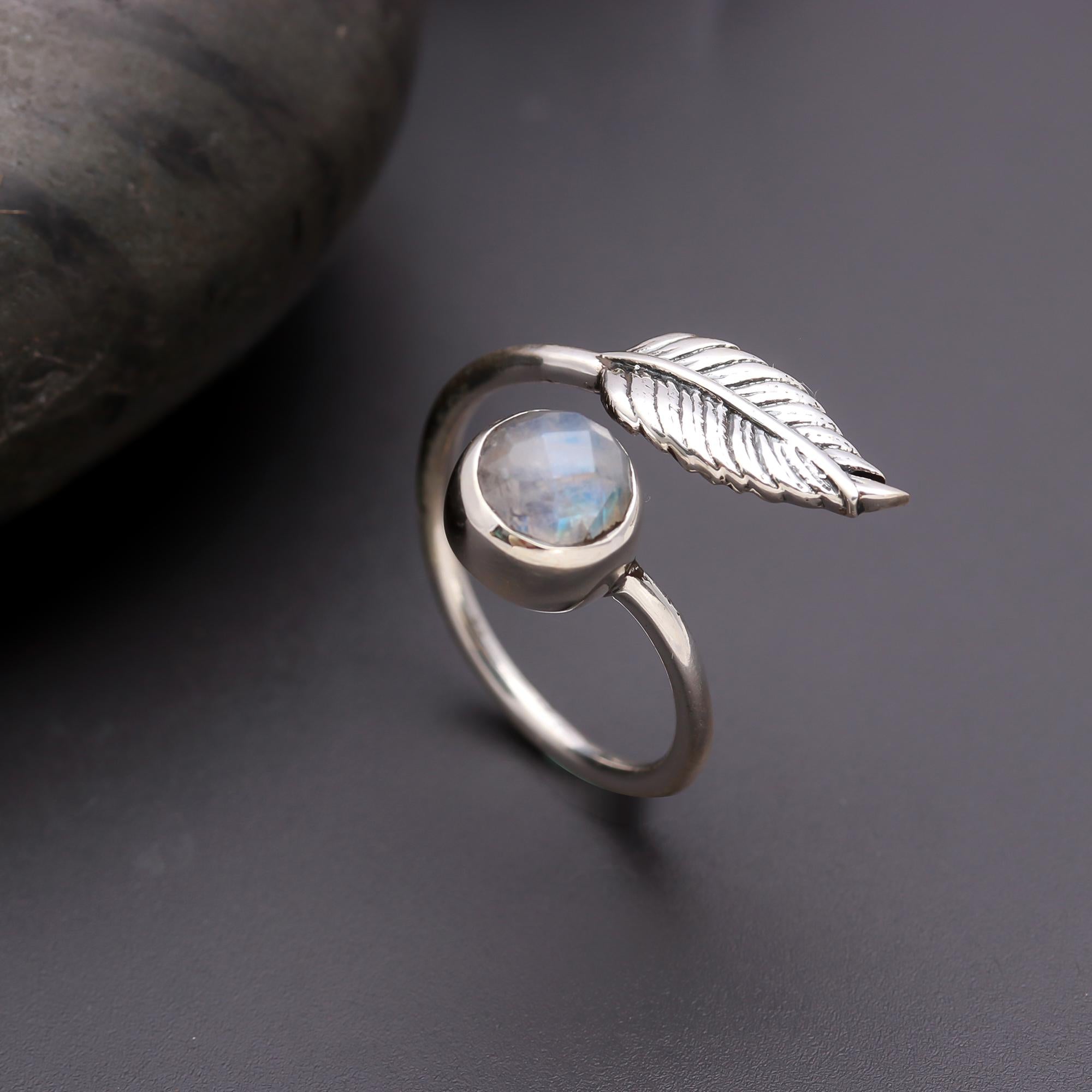 925 Silver Leaf Rainbow Moonstone Ring
