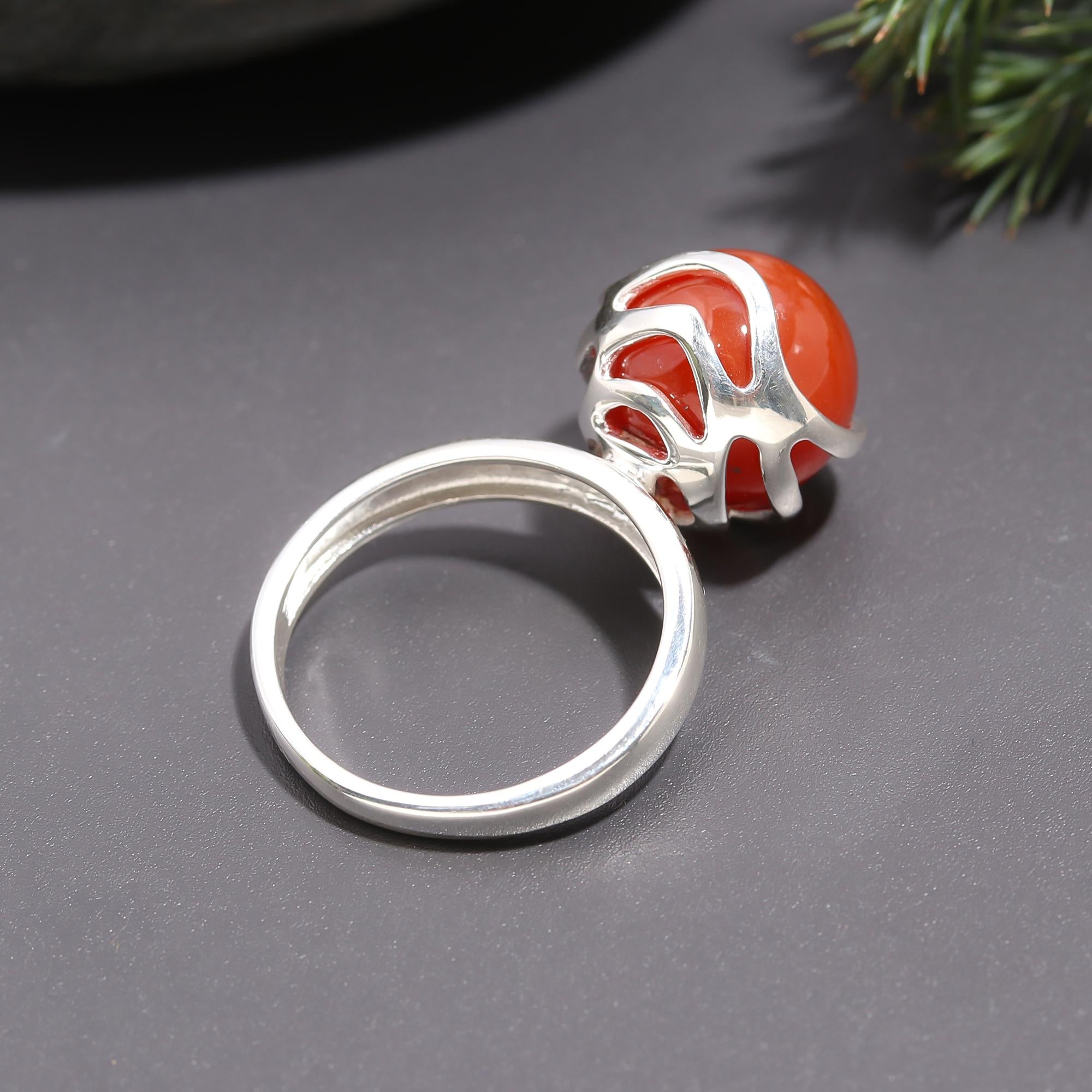 925 Silver Round Red Coral Solitaire Ring