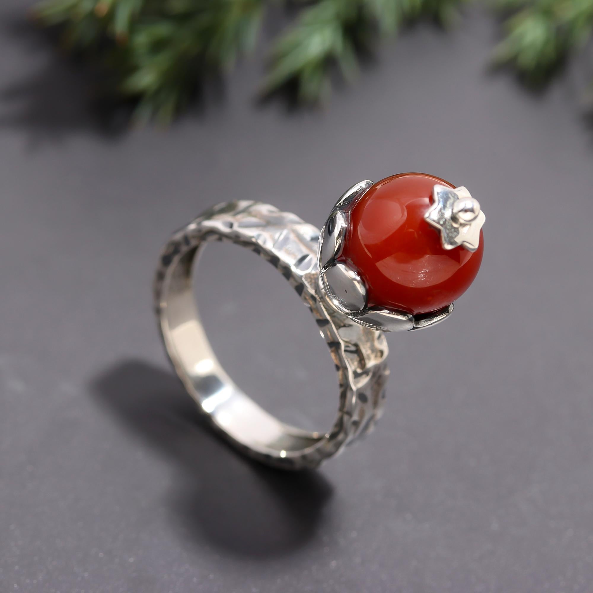 925 Silver Red Coral Textured Band Ring