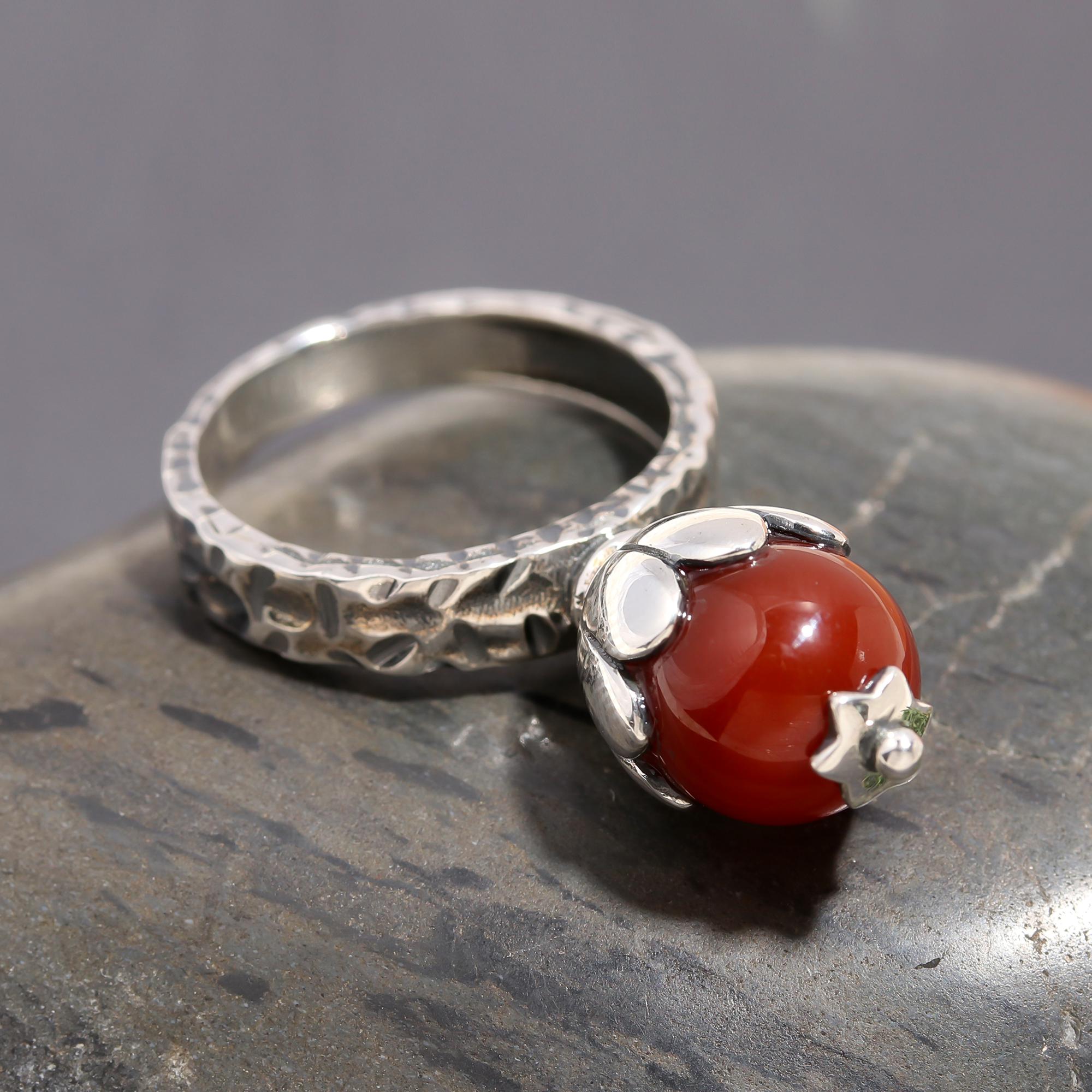 925 Silver Red Coral Textured Band Ring