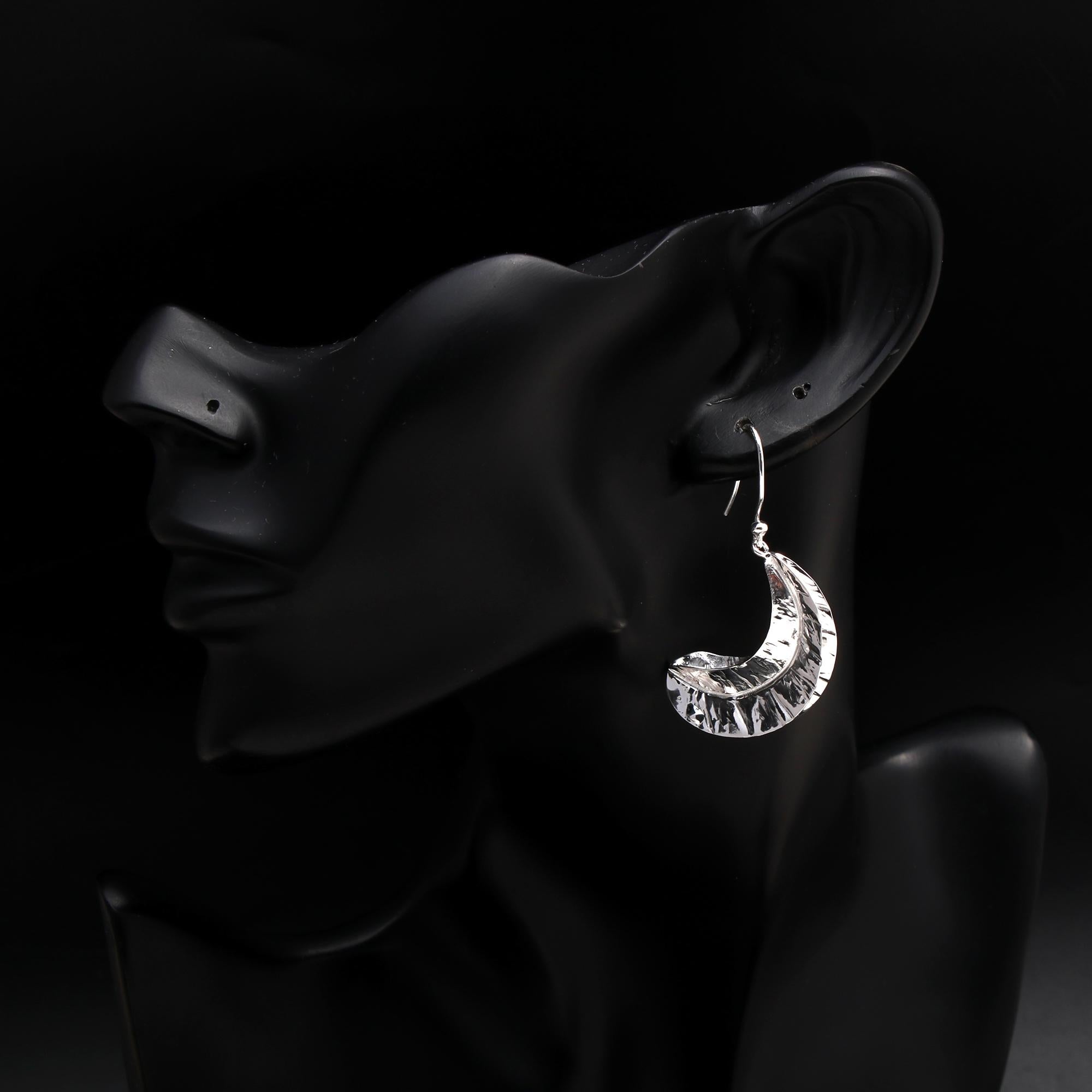 925 Silver Hammered Crescent Moon Dangle Earrings