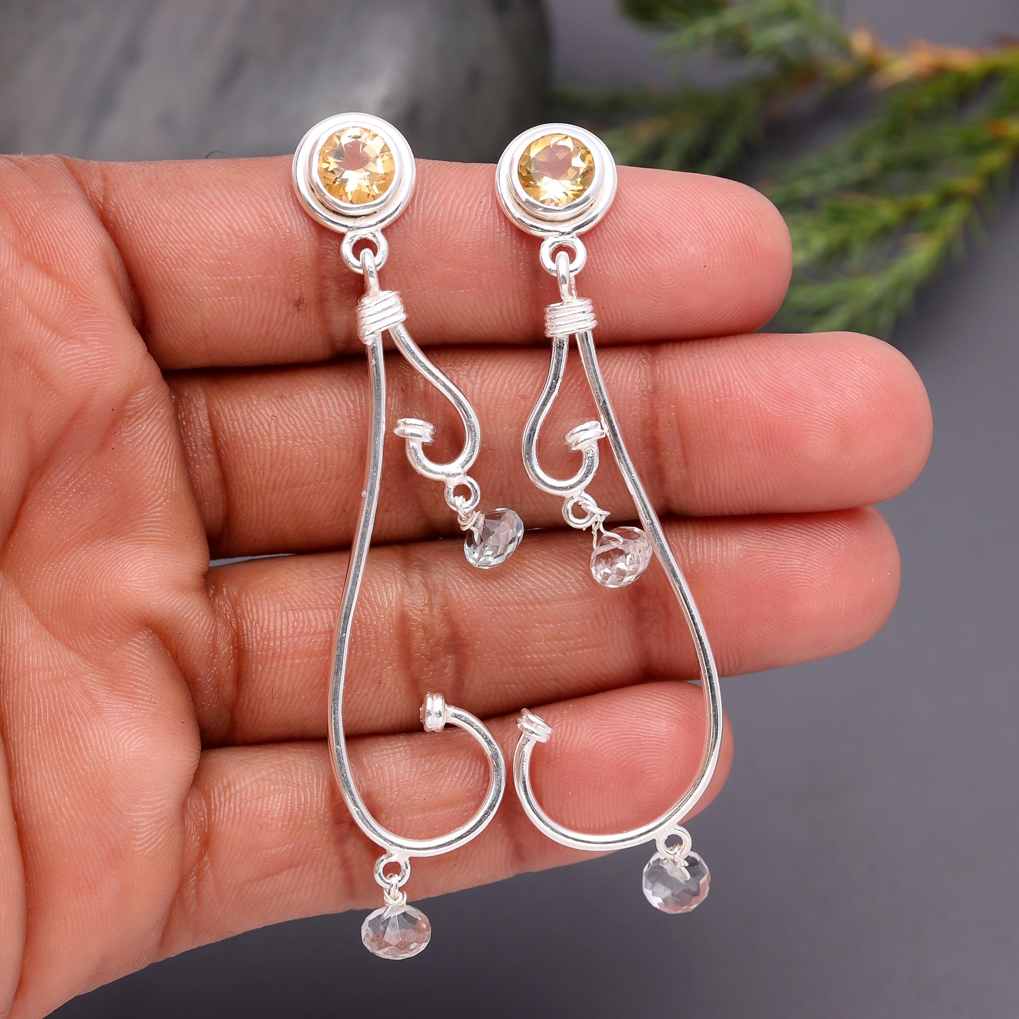 925 Silver Citrine and Crystal Quartz Long Swirl Earrings