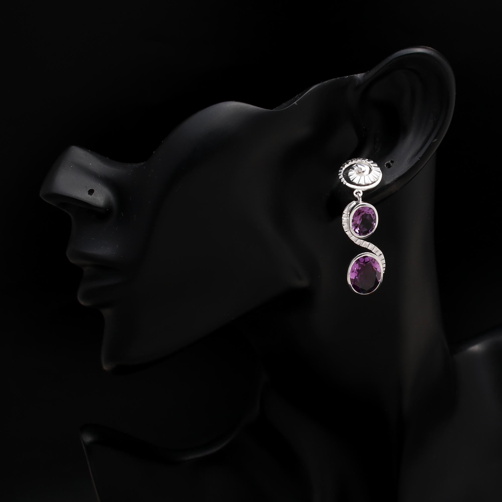 925 Silver Spiral Amethyst Triple Drop Earrings
