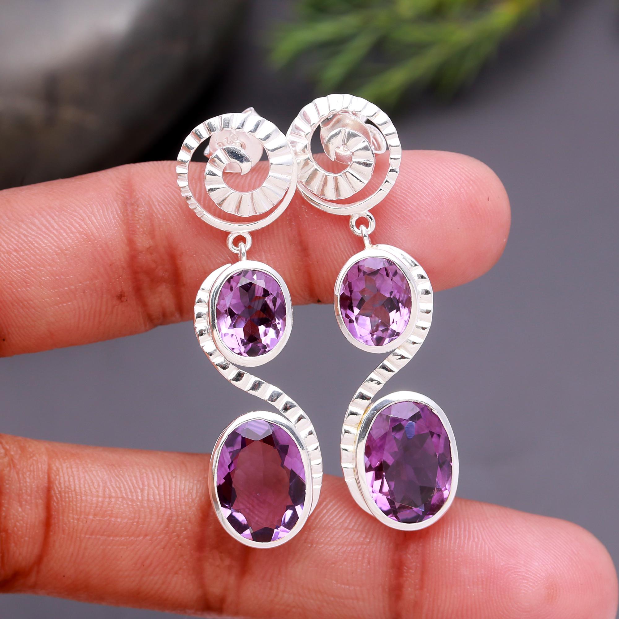925 Silver Spiral Amethyst Triple Drop Earrings