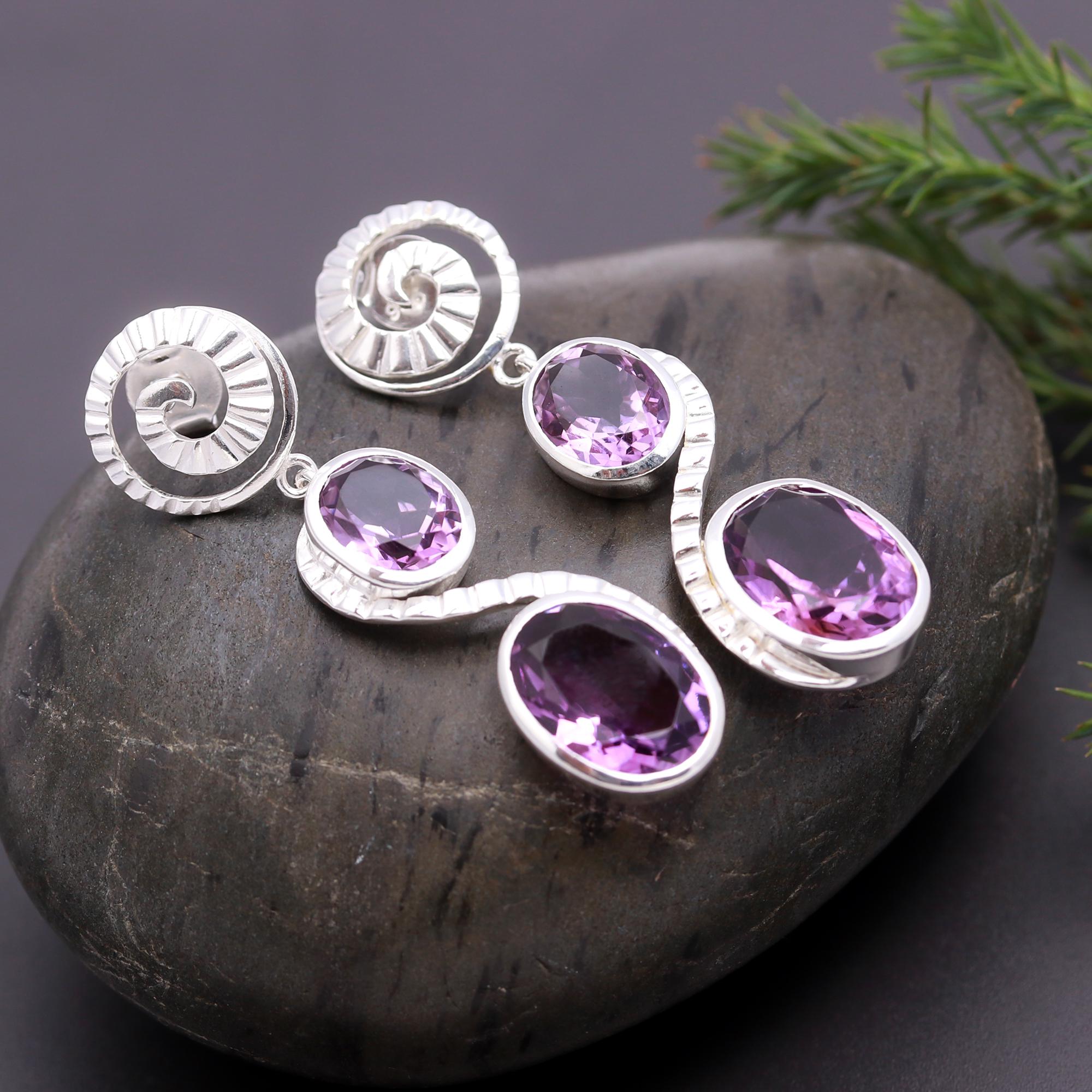 925 Silver Spiral Amethyst Triple Drop Earrings