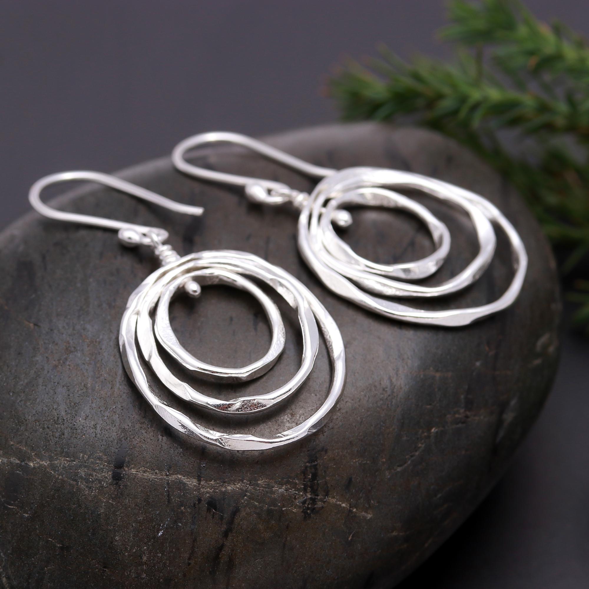 925 Silver Textured Triple Hoop Dangle Earrings