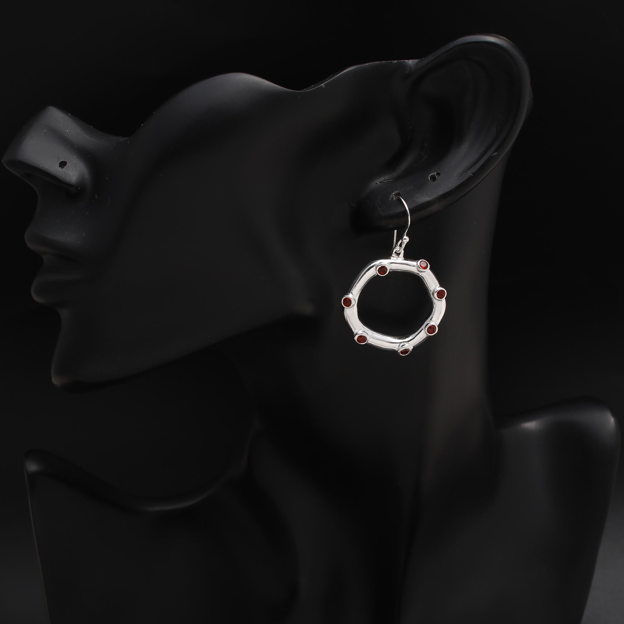925 Silver Circle Garnet Dangle Earrings