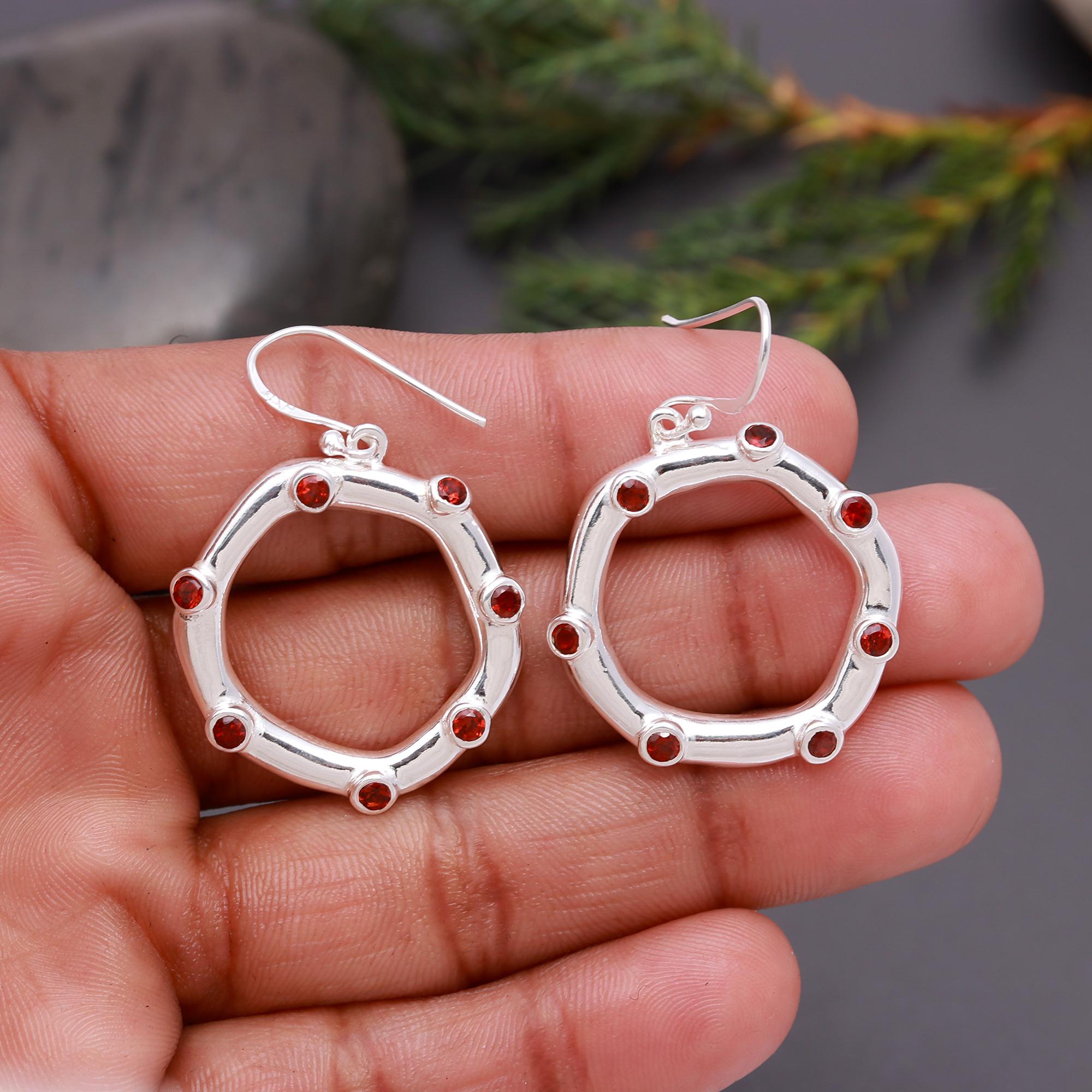 925 Silver Circle Garnet Dangle Earrings