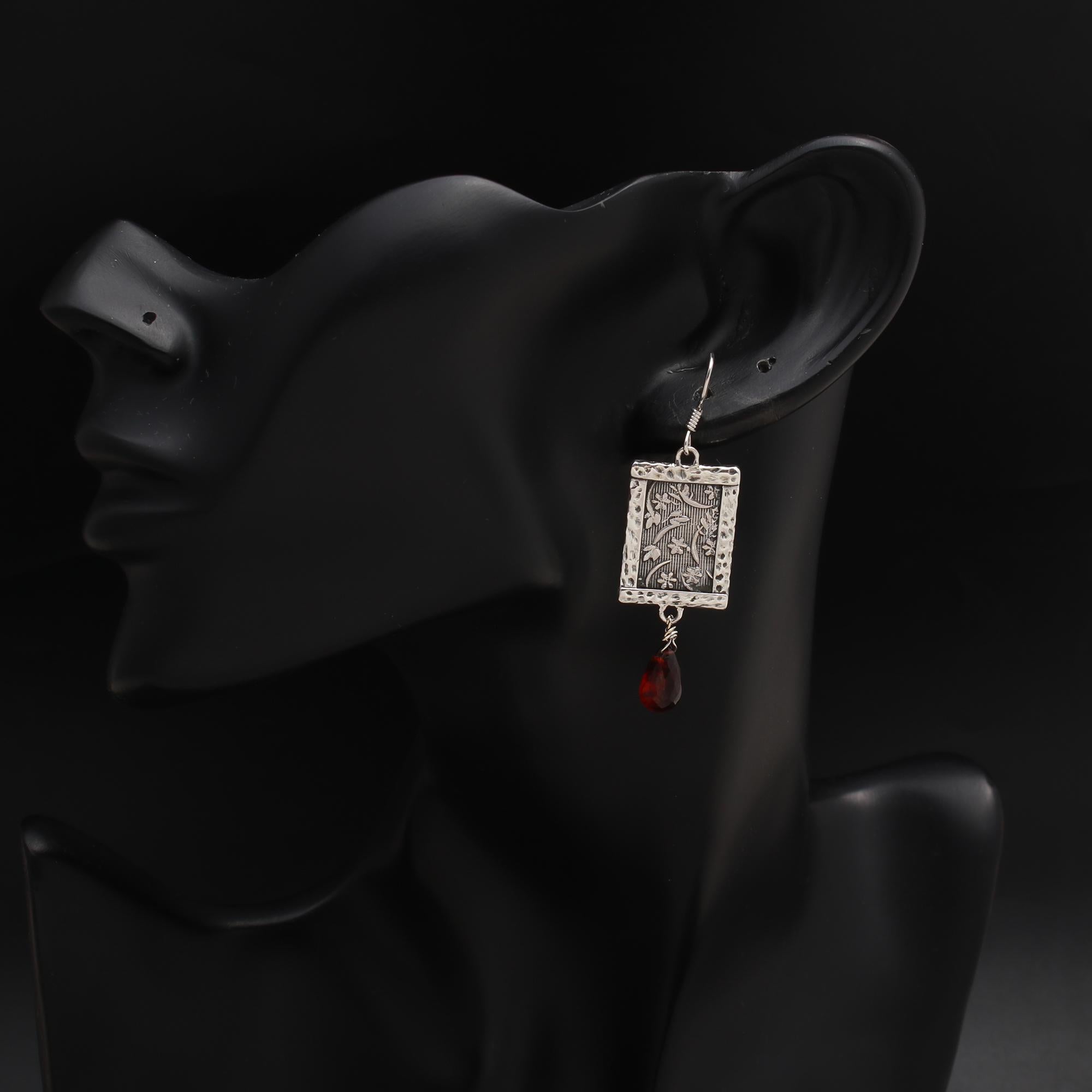 925 Silver Floral Engraved Rectangle Dangle Earrings