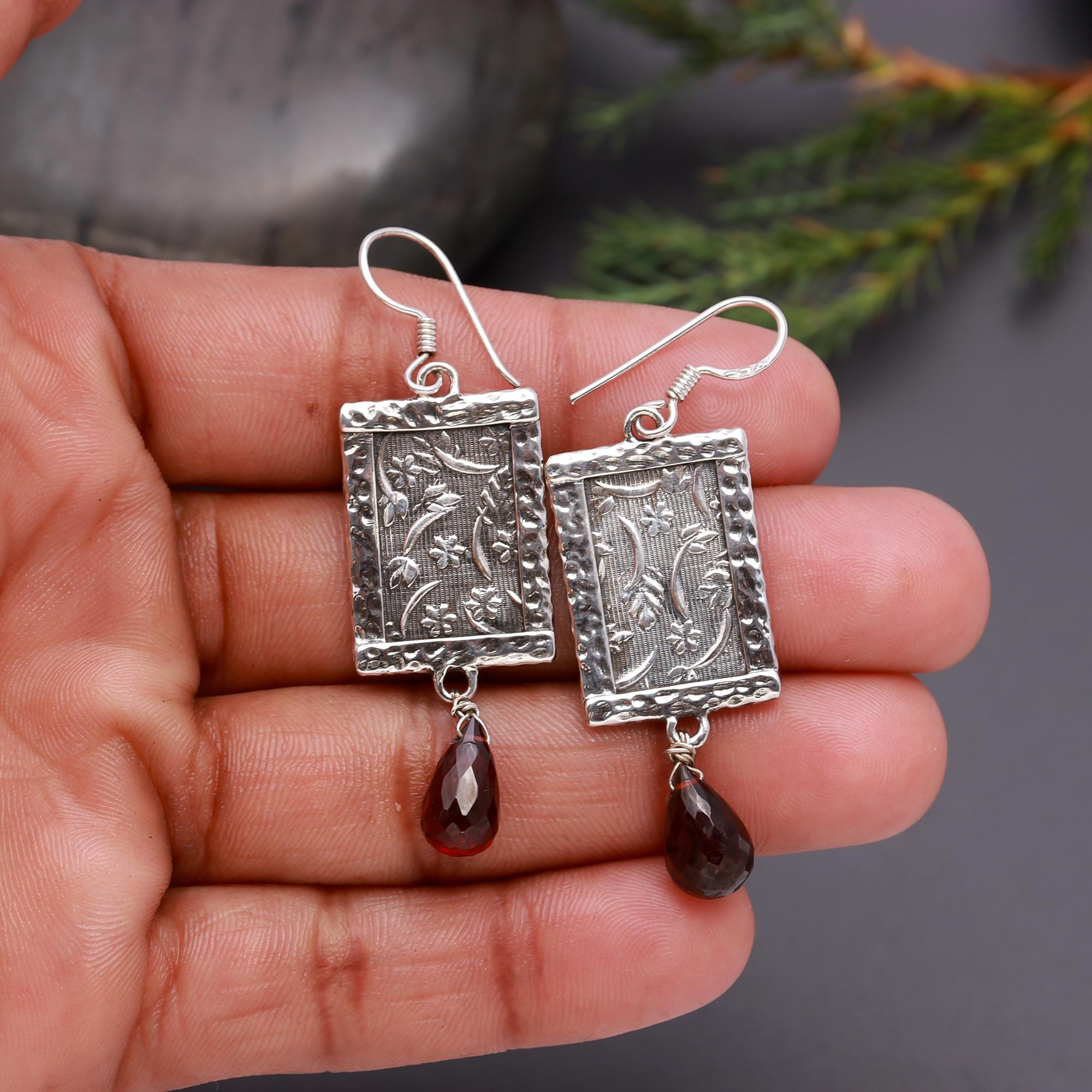 925 Silver Floral Engraved Rectangle Dangle Earrings