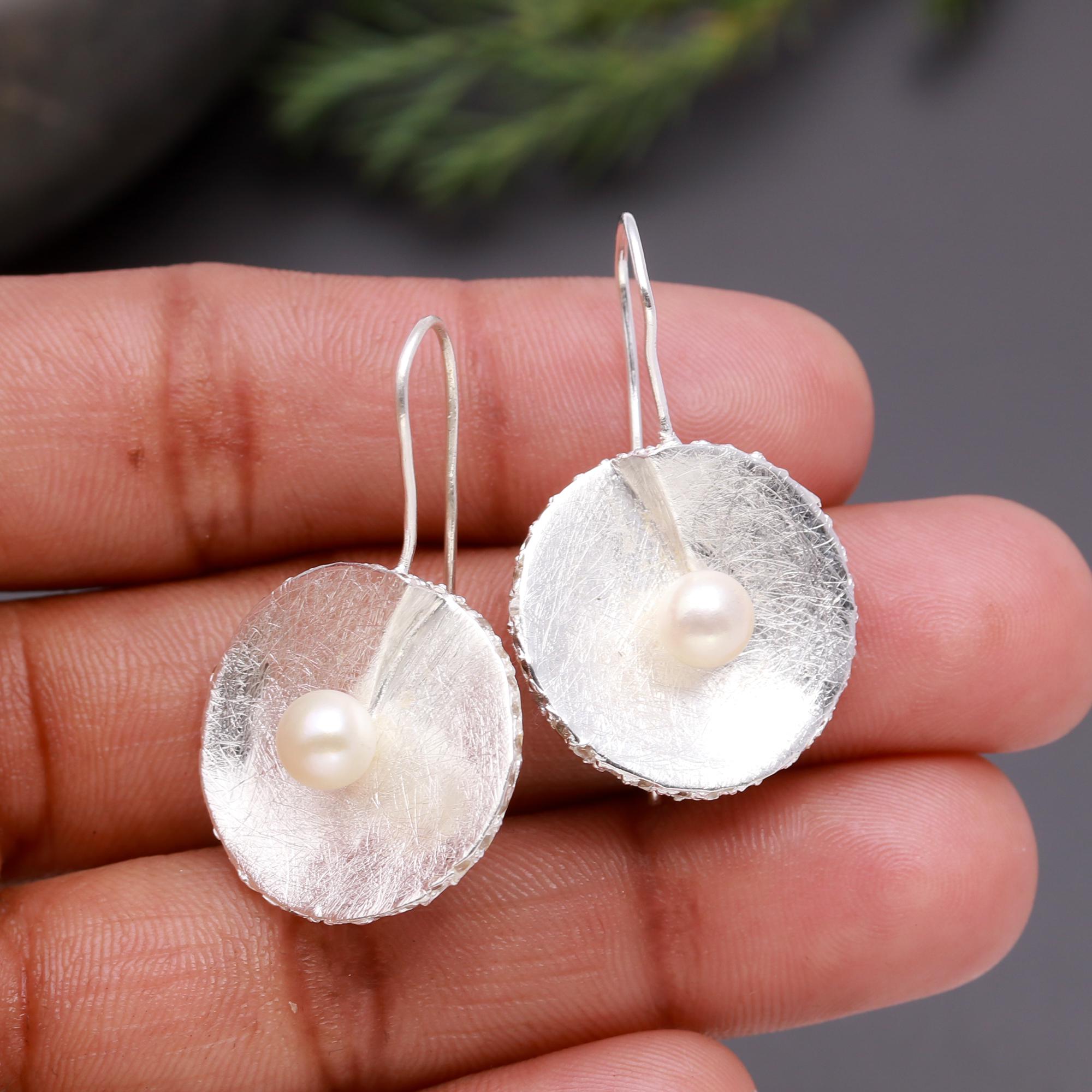 925 Silver Textured Petal Pearls Dangle Earrings