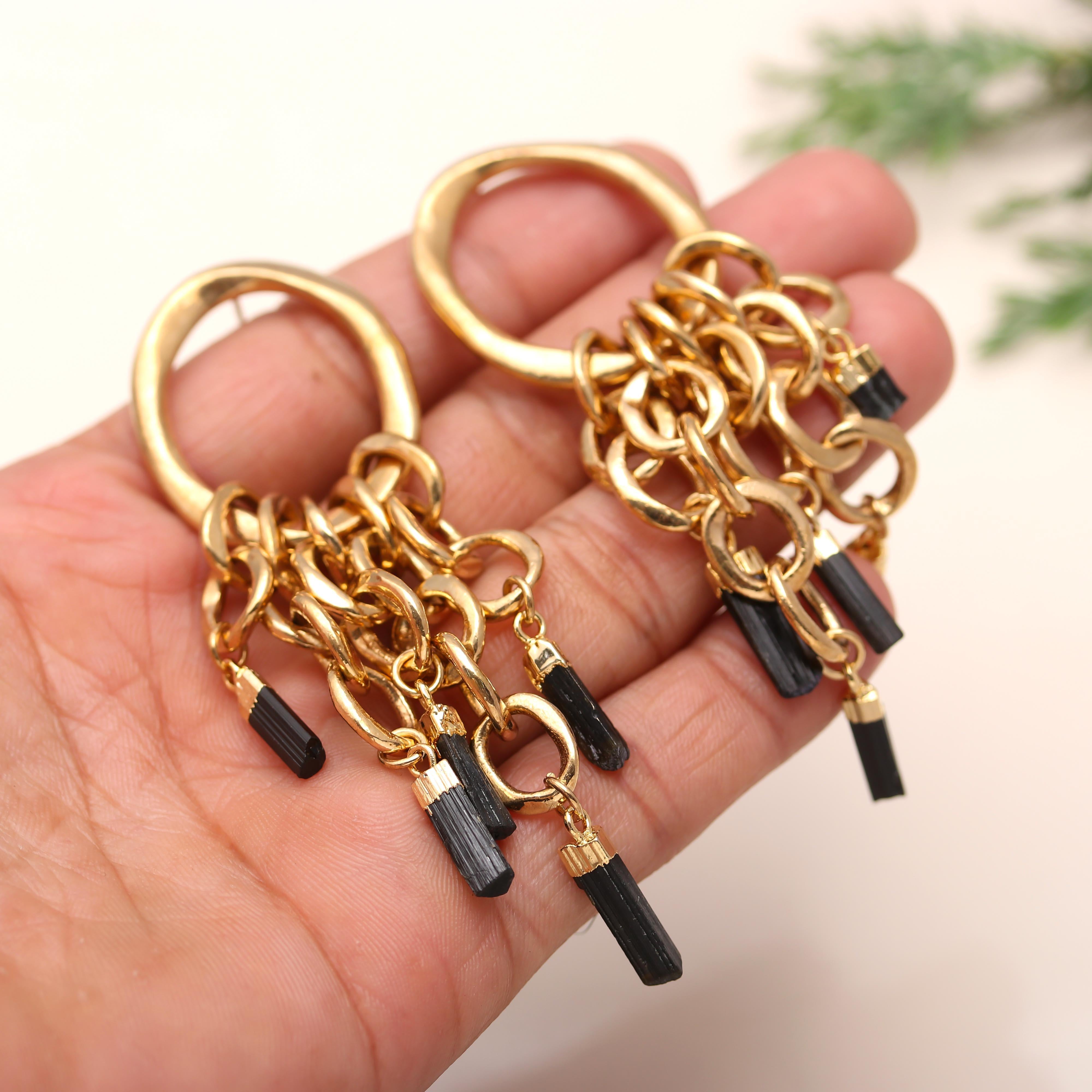 925 Silver Black Tourmaline Chain Drop Earrings