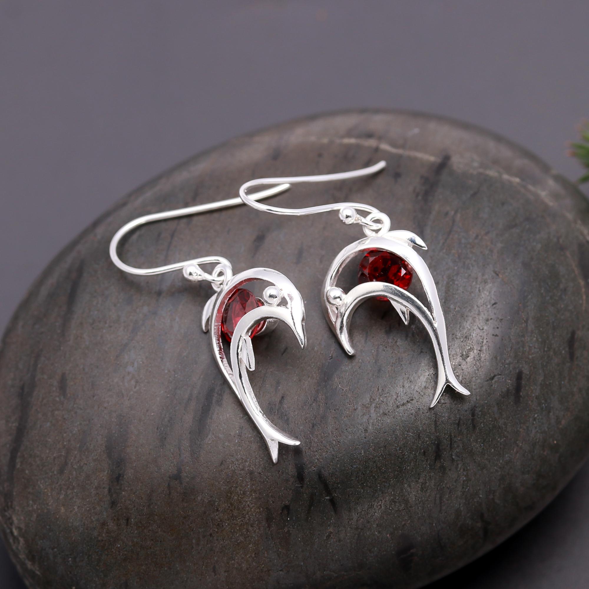 925 Silver Garnet Dolphin Dangle Earrings