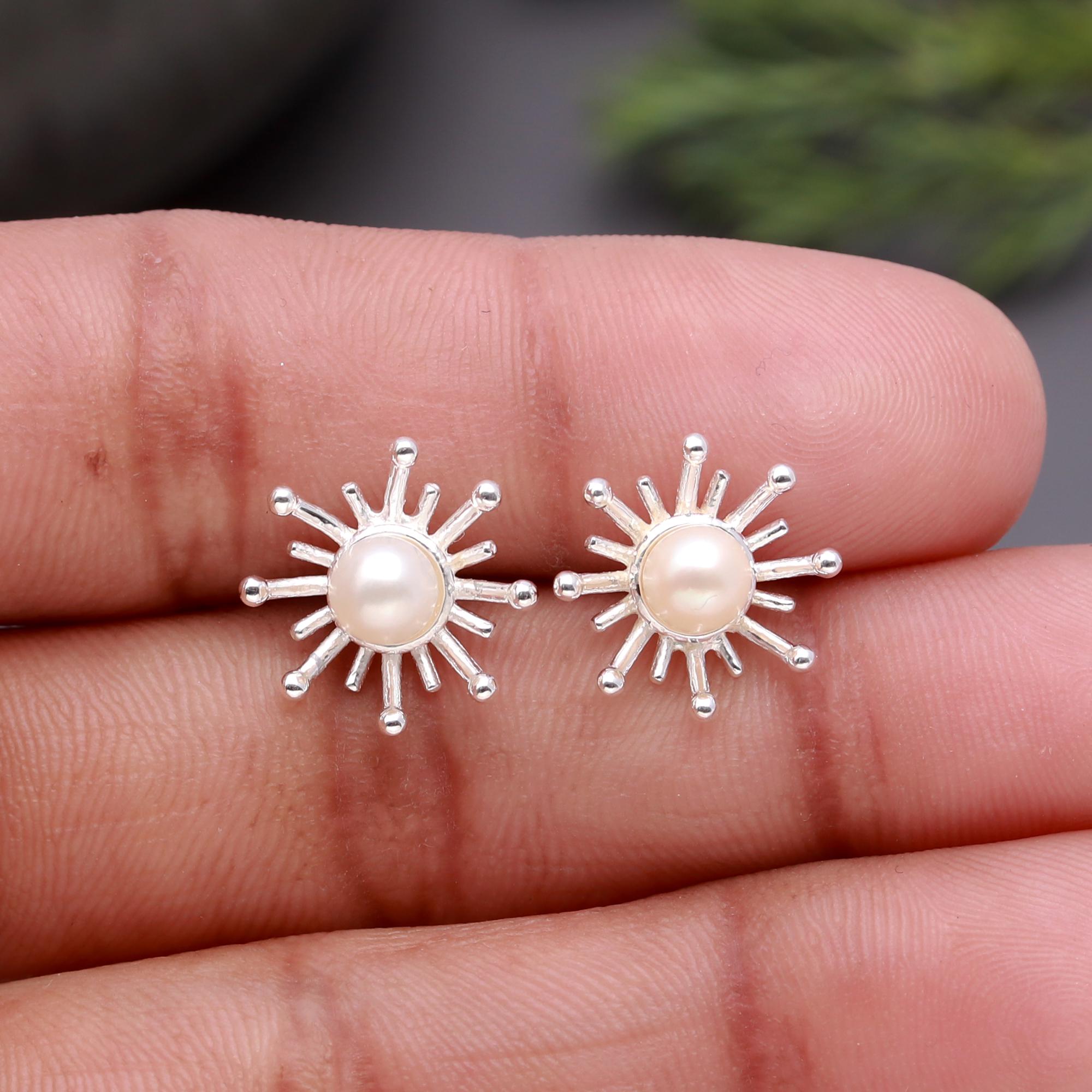 925 Silver Pearl Sunburst Stud Earrings