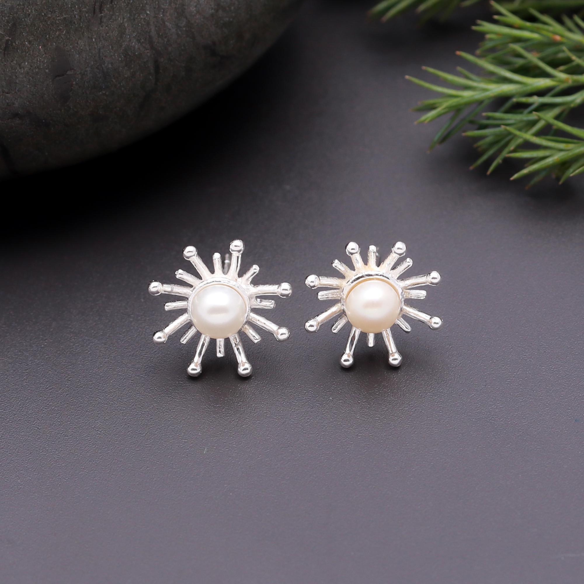 925 Silver Pearl Sunburst Stud Earrings