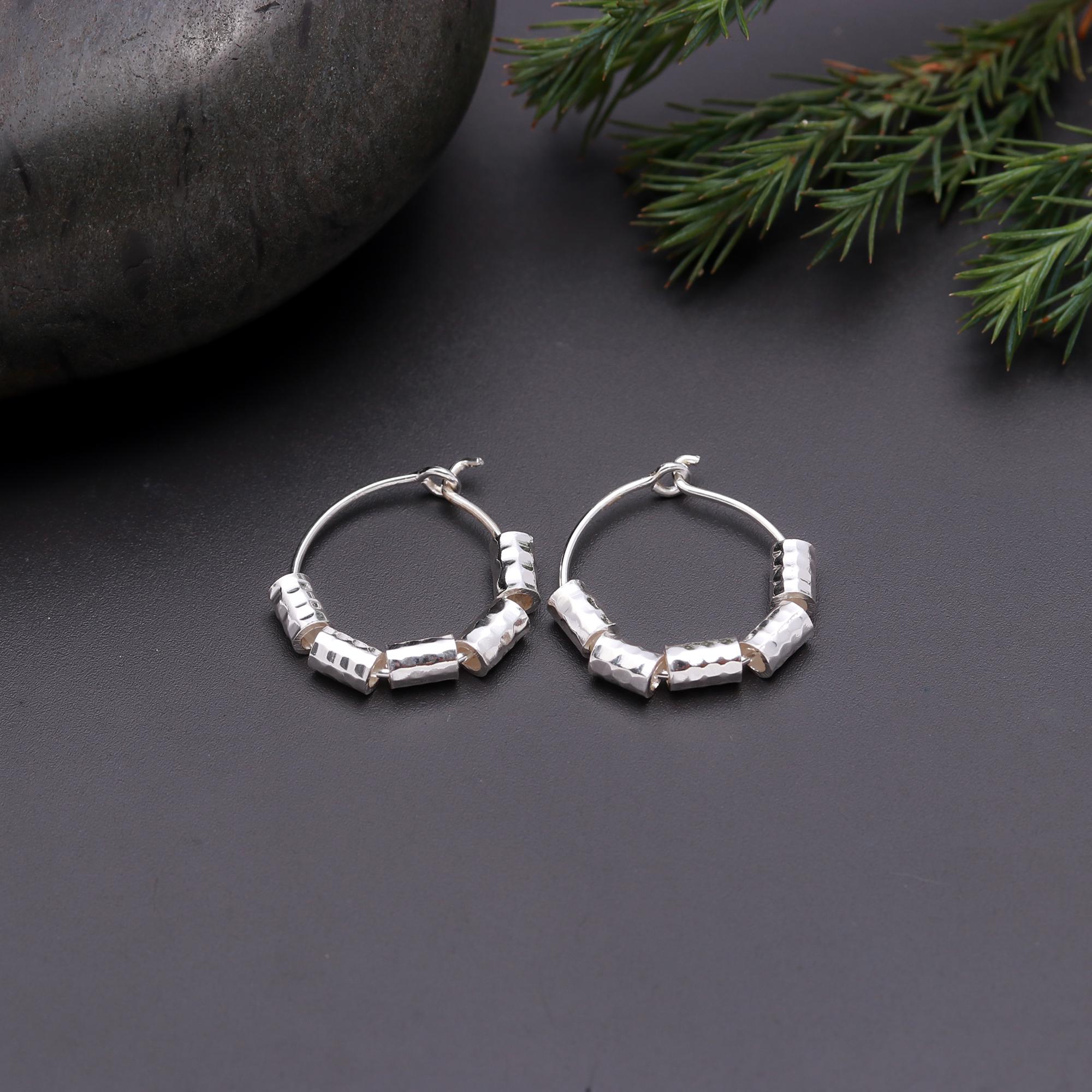 925 Silver Textured Beads Hoop Earrings
