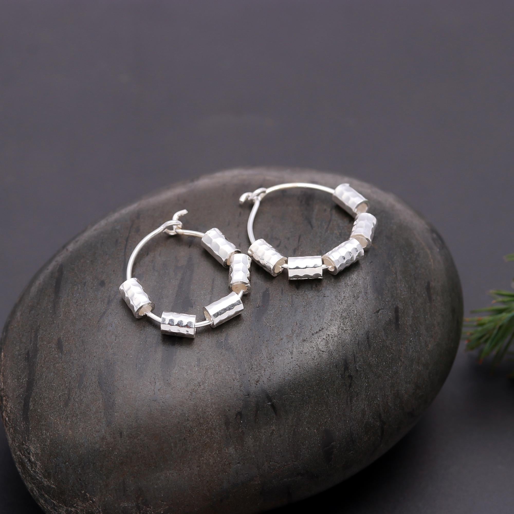 925 Silver Textured Beads Hoop Earrings