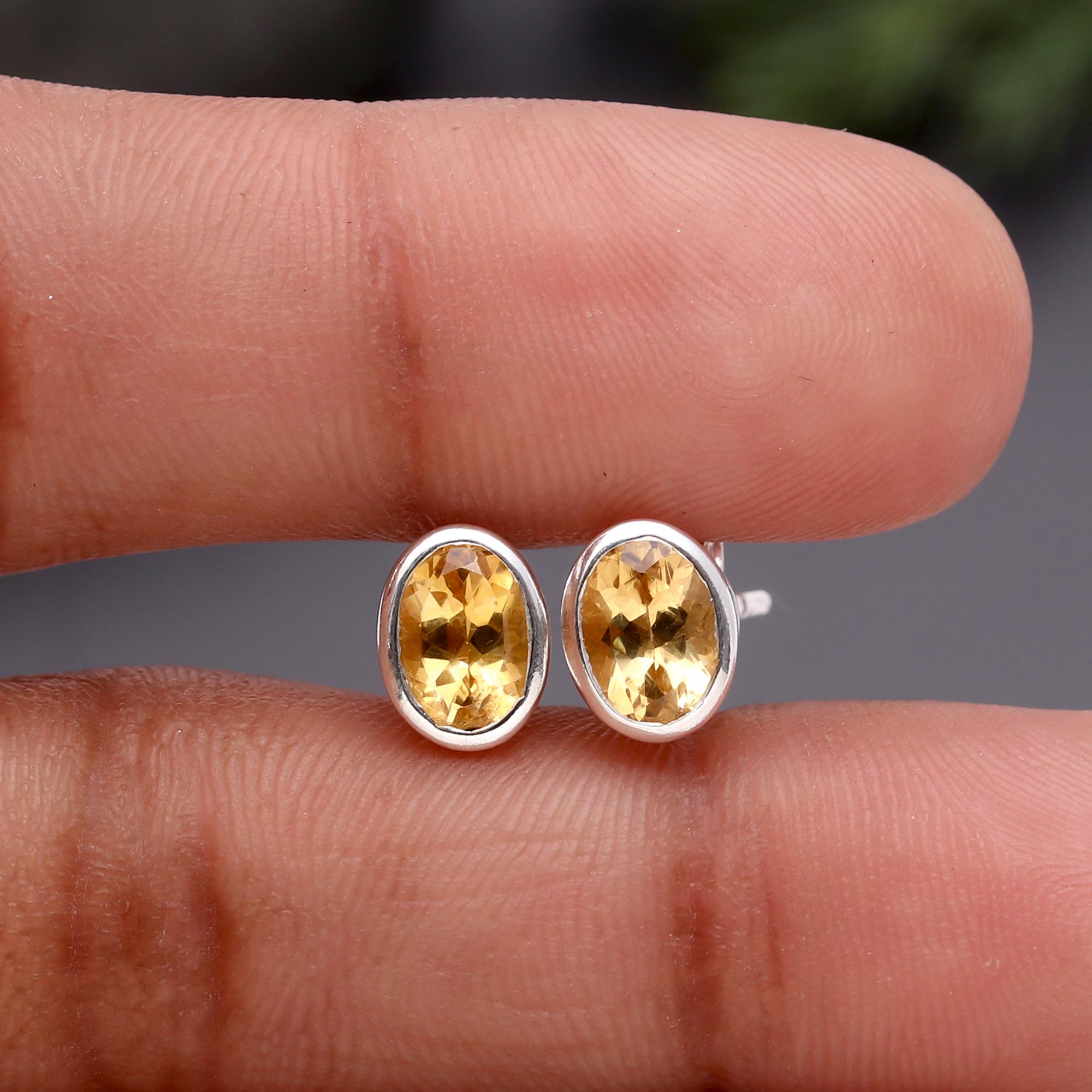 925 Silver Oval Citrine Stud Earrings