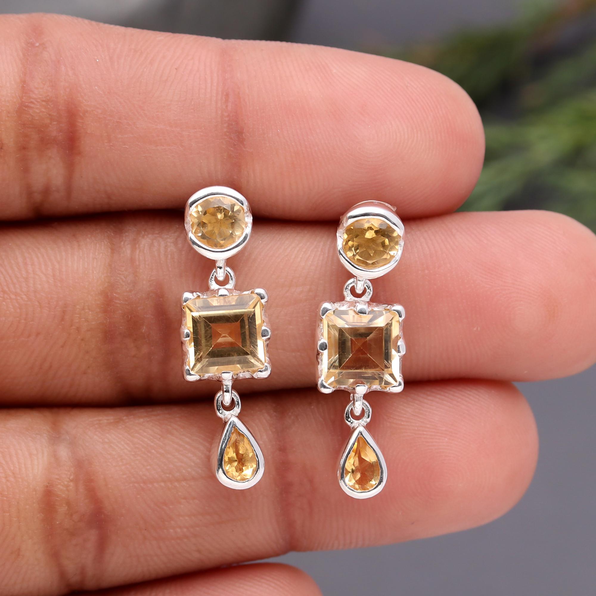 925 Silver Citrine Multi-Shaped Dangle Earrings