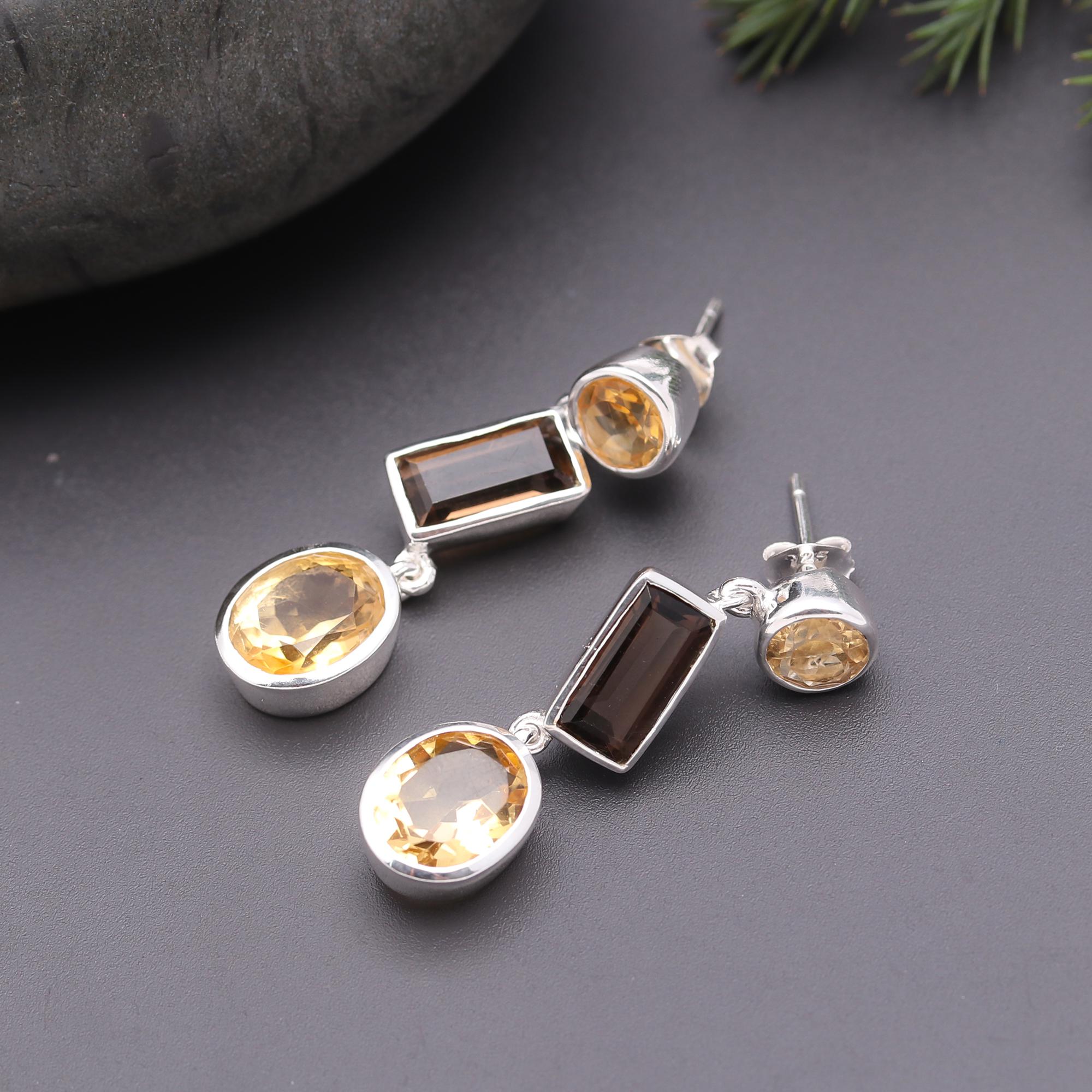 925 Silver Citrine and Smoky Quartz Drop Earrings
