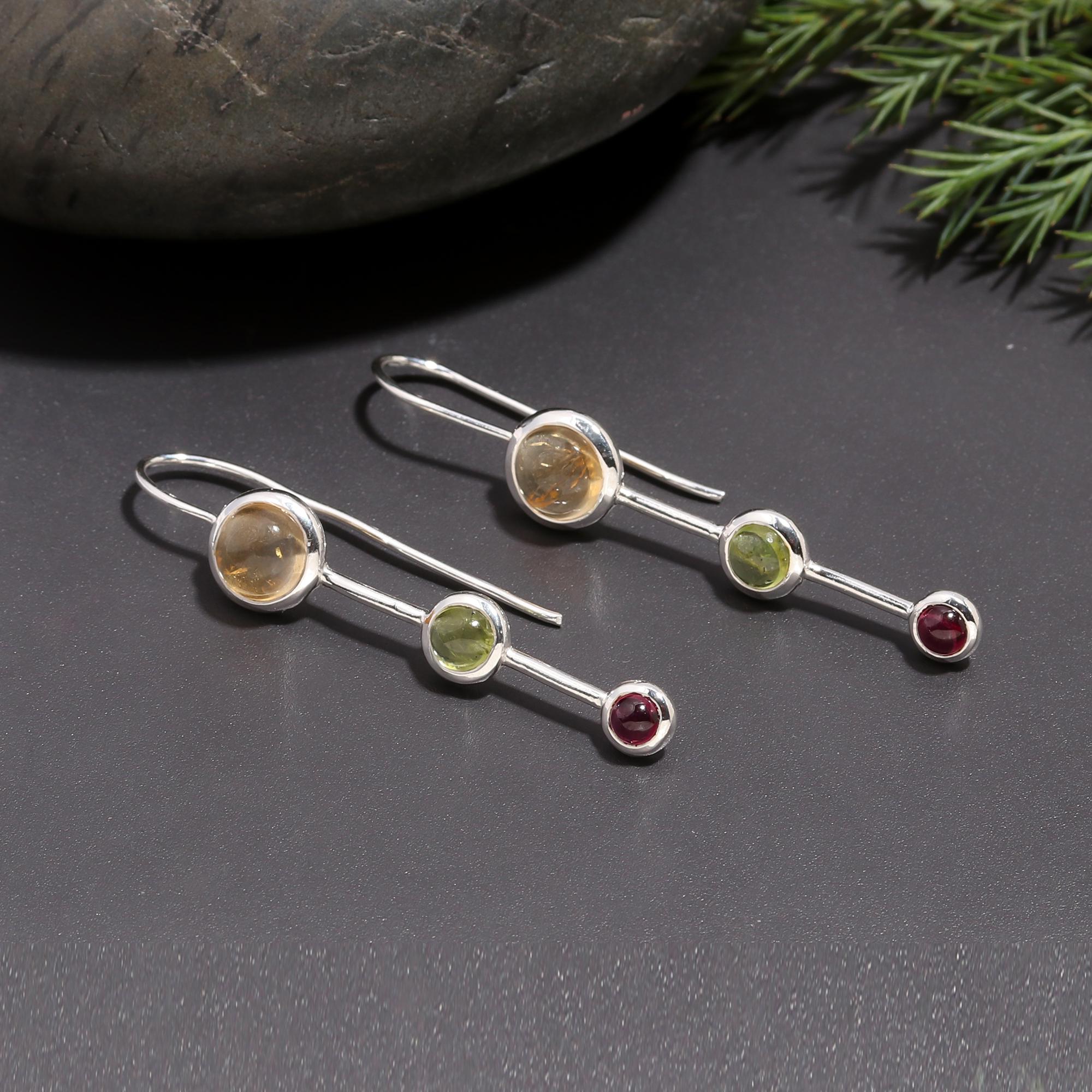 925 Silver Citrine, Peridot & Garnet Dangle Earrings