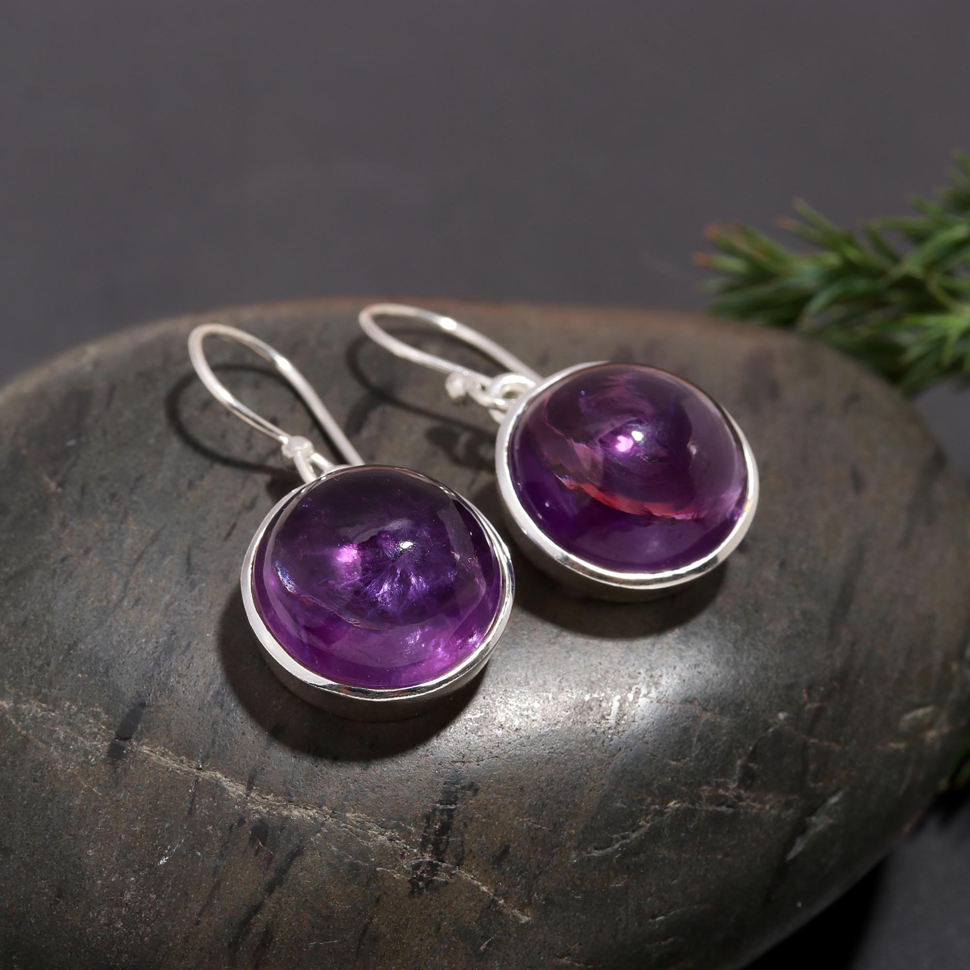 925 Silver Round Amethyst Dangle Earrings