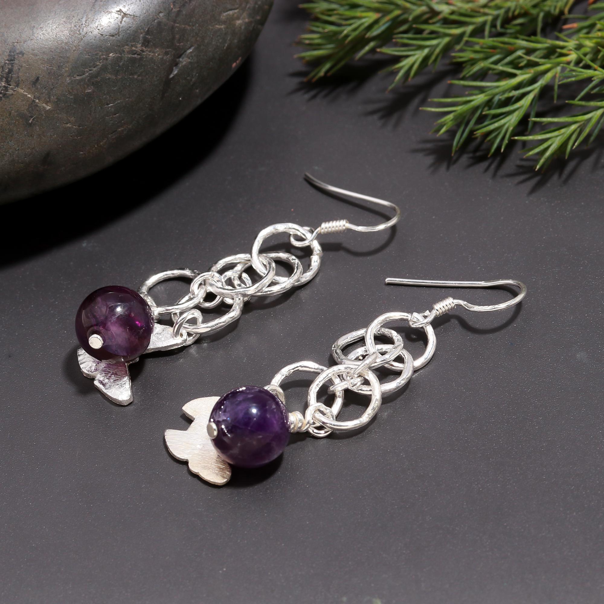 925 Silver Amethyst Bead Dangle Earrings