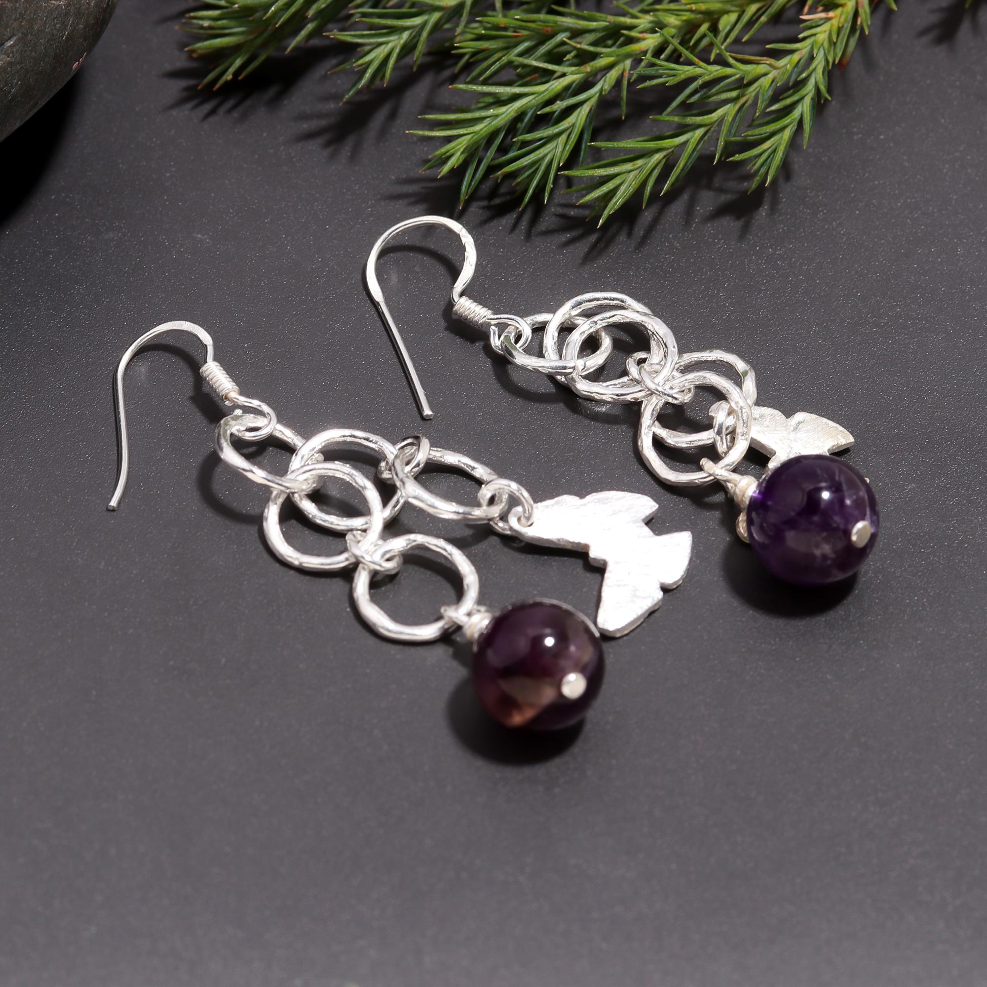 925 Silver Amethyst Bead Dangle Earrings