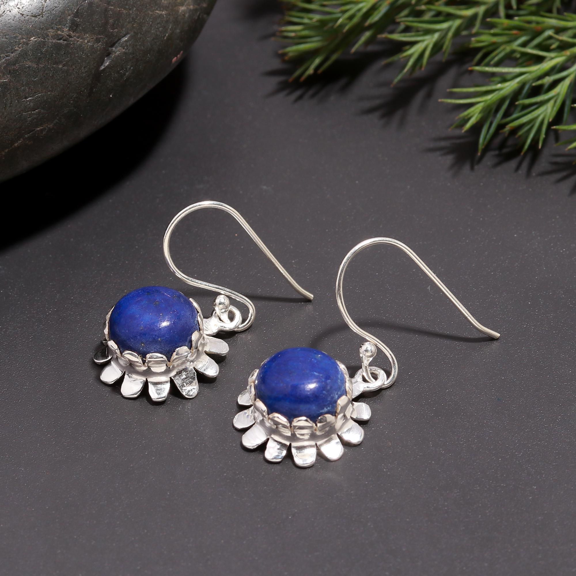 925 Silver Lapis Lazuli Floral Drop Earrings