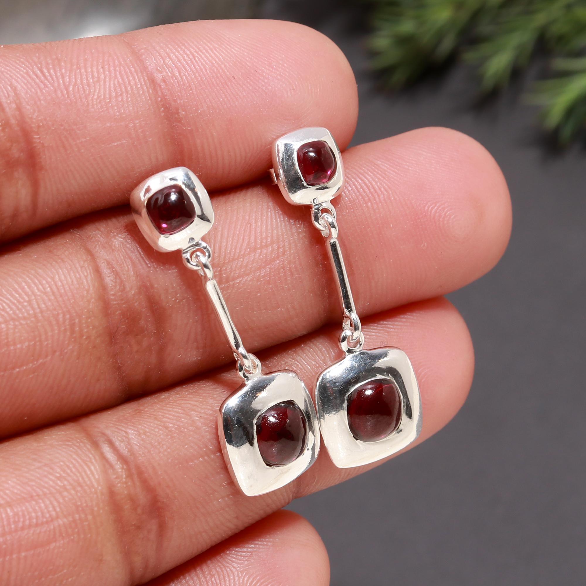 925 Silver Garnet Double Square Drop Earrings
