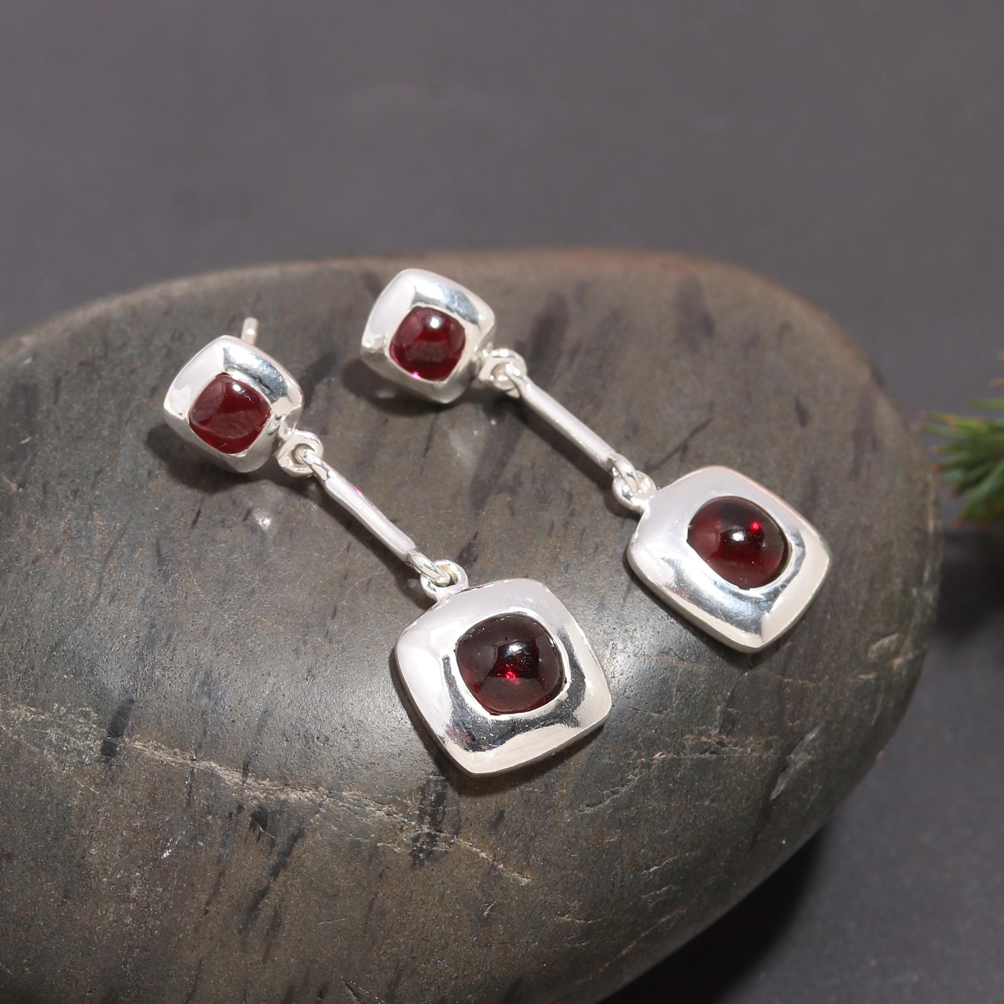925 Silver Garnet Double Square Drop Earrings
