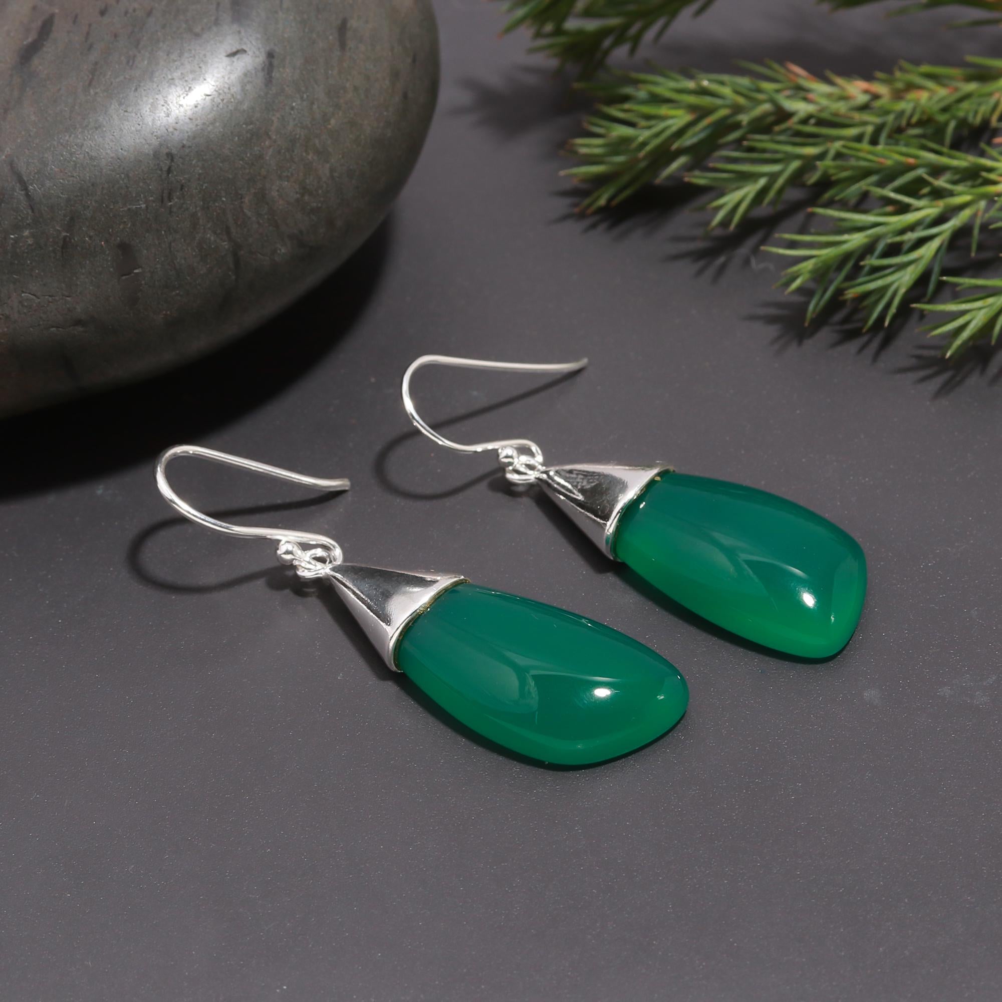 925 Silver Green Onyx Dangle Earrings
